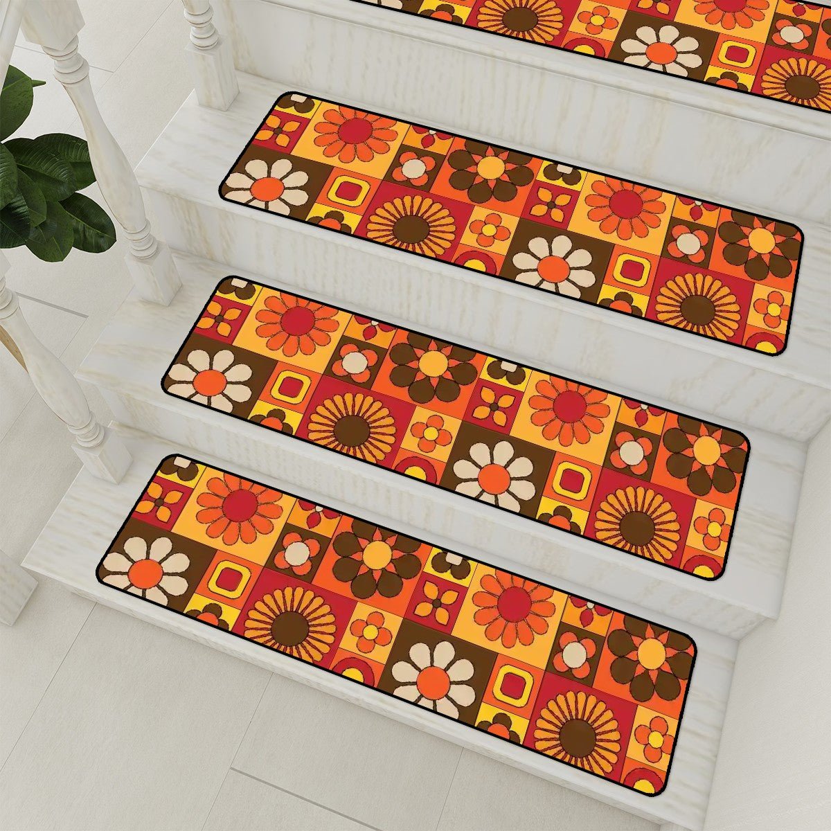 Kate McEnroe New York Retro Flower Power Stair Tread Covers, 70s Mid Century Modern Non Slip Step Mats, MCM Groovy Orange Brown Floor ProtectorsStair TreadsWoFAybmH8x