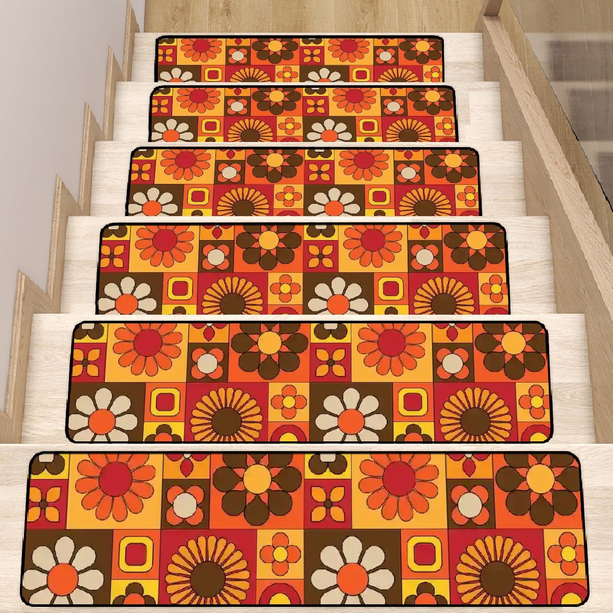 Kate McEnroe New York Retro Flower Power Stair Tread Covers, 70s Mid Century Modern Non Slip Step Mats, MCM Groovy Orange Brown Floor ProtectorsStair TreadsWoFAybmH8x