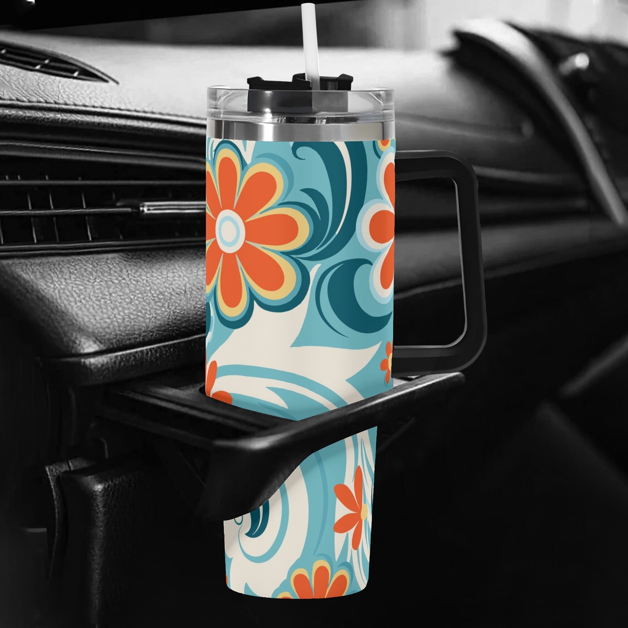 Kate McEnroe New York Retro Flower Power Travel Tumbler, Mid Century Modern Groovy Drink Cup, 60s Mod Floral Office Cup, Vintage Style HydrationTumblersY57X8VVW - 1