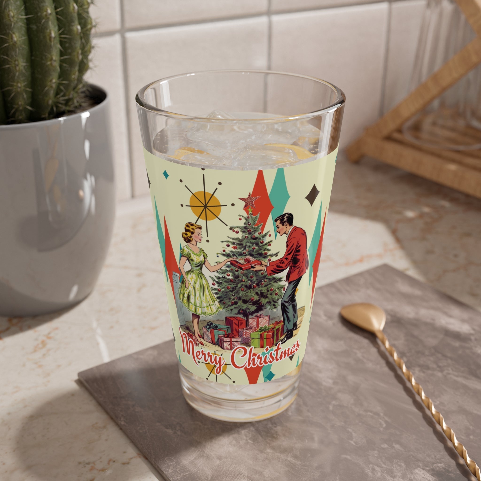 Kate McEnroe New York Retro Franciscan Diamond Starburst Vintage 50s Kitsch Christmas Card Art Pint Glass, MCM Cocktail Shaker, Holiday Party BarwarePint Glasses72447788767479750698