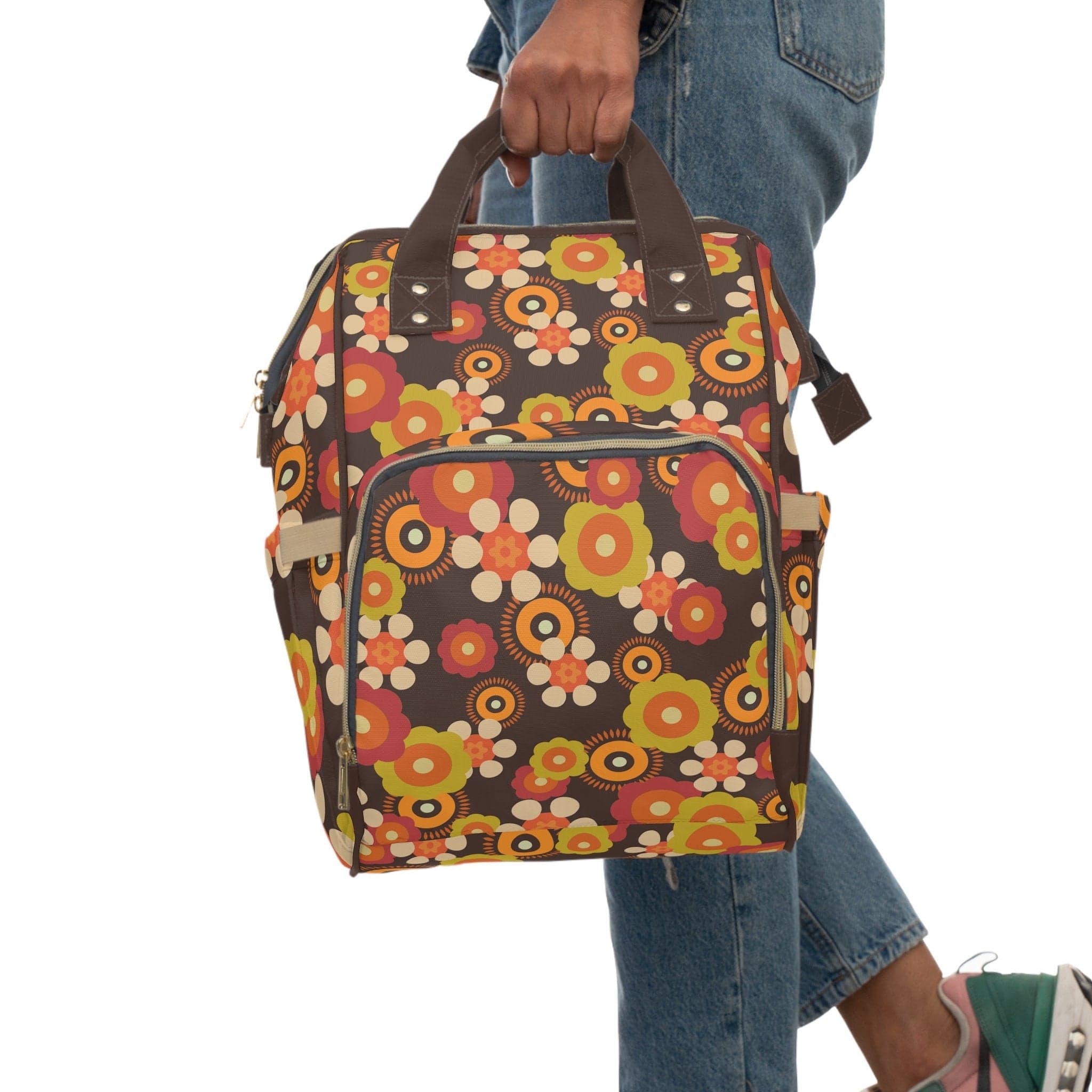 Kate McEnroe New York Retro Funky Groovy Hippie Boho Floral Multifunctional Backpack, Diaper Bag, Weekender Bag, Carry - on Luggage Bag, Multipurpose BackpackDiaper Bags25833989005466094590