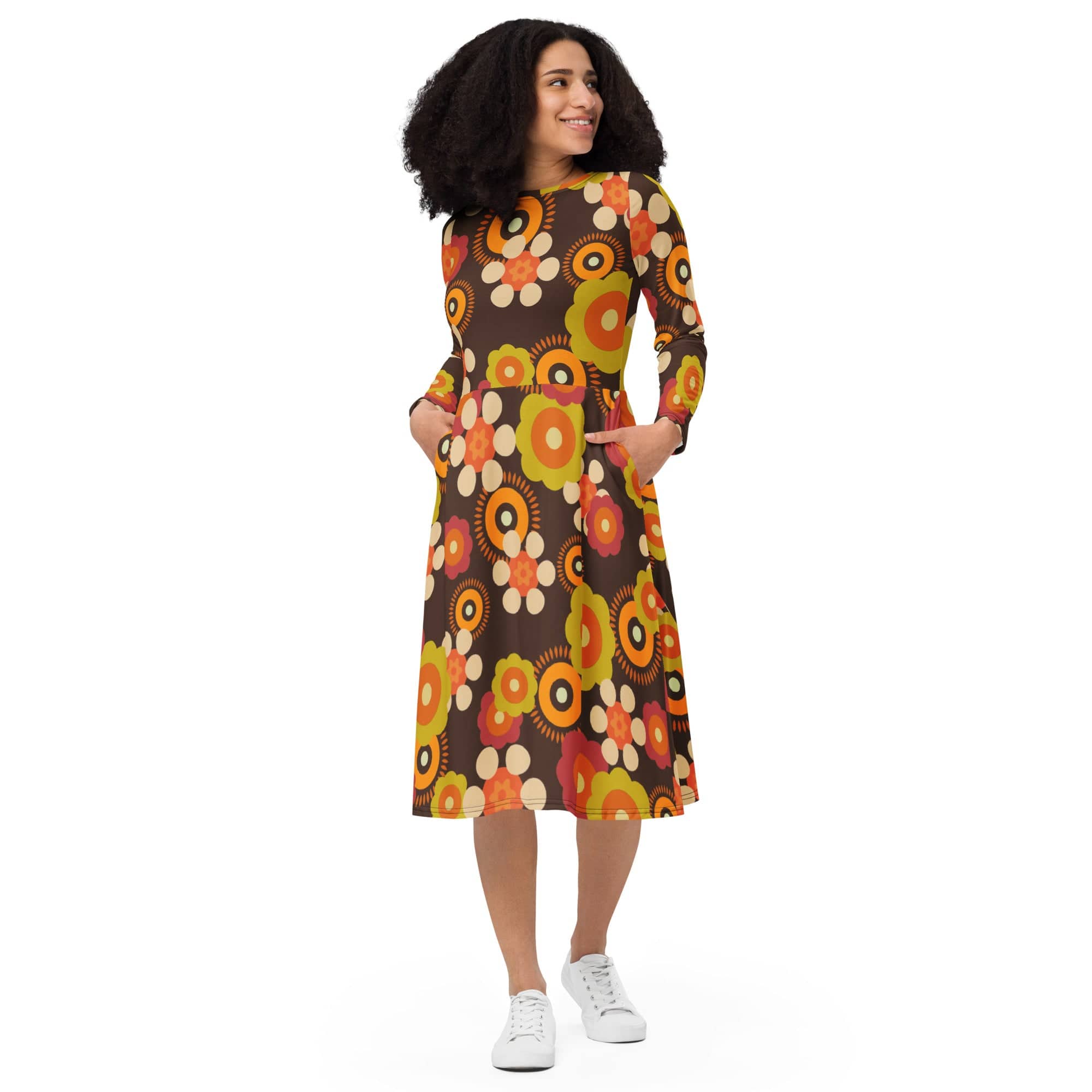 Retro Funky Groovy Mid Mod Hippie Boho Midi Dress, 1960s Hippie Floral Mod Dress with Pockets - KM13609723 6XL Retro Funky Groovy Mid Mod Hippie Boho Midi Dress, 1960s Hippie Floral Mod Dress with Pockets - KM13609723 6XL