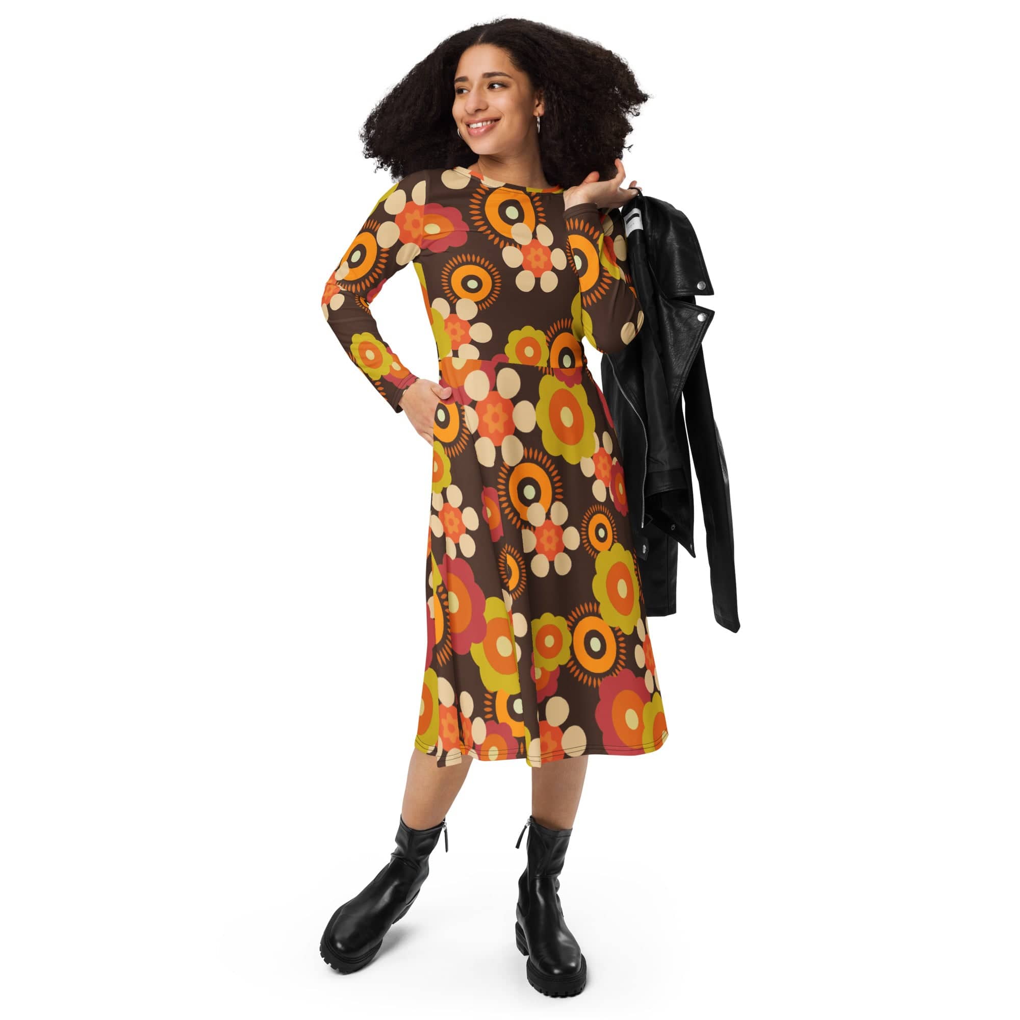 Kate McEnroe New York Retro Funky Groovy Mid Mod Hippie Boho Midi Dress, 1960s Hippie Floral Mod Dress with Pockets - KM13609723Dresses8998924_15103