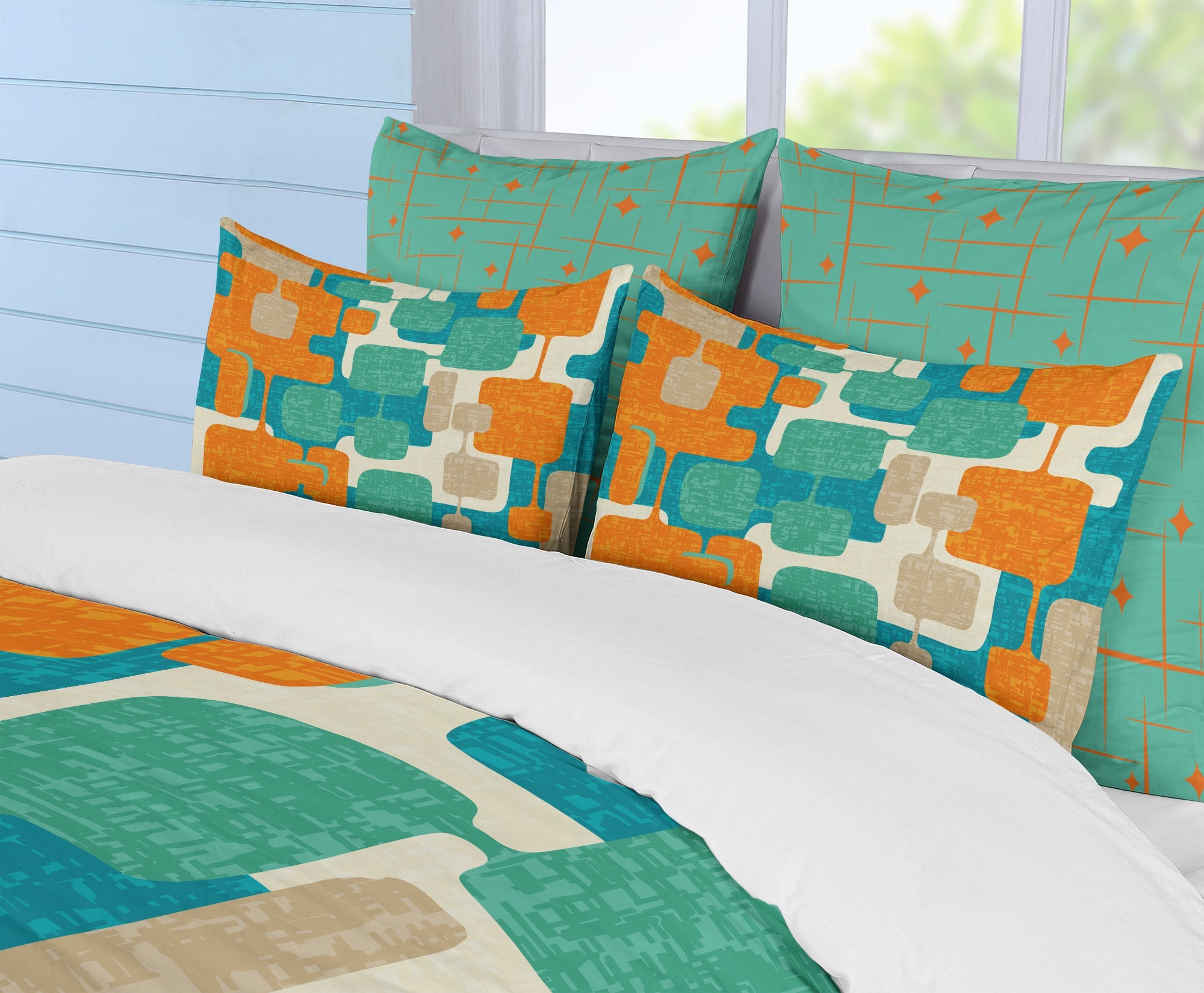 Kate McEnroe New York Retro Geometric Duvet Cover Set, Mid Century Modern Teal Orange BeddingDuvet Cover SetDUVTOSQMF-KG