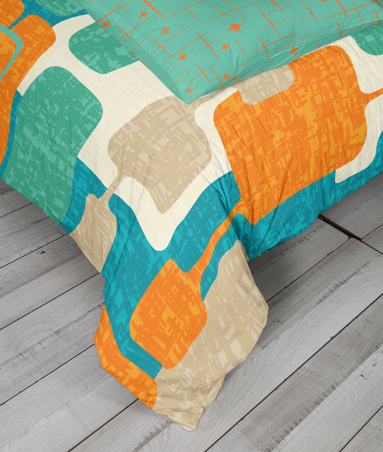 Kate McEnroe New York Retro Geometric Duvet Cover Set, Mid Century Modern Teal Orange BeddingDuvet Cover SetDUVTOSQMF-KG