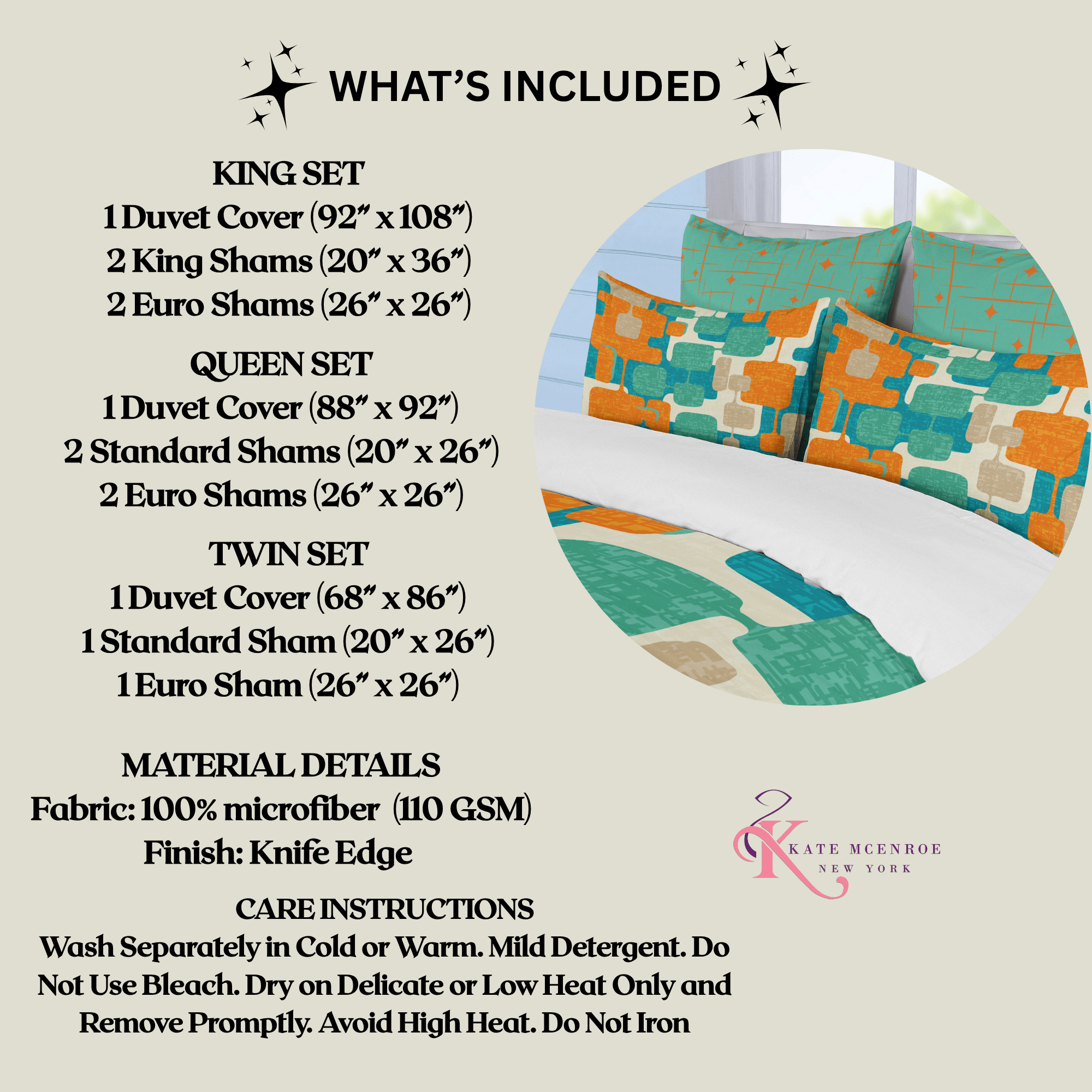 Kate McEnroe New York Retro Geometric Duvet Cover Set, Mid Century Modern Teal Orange BeddingDuvet Cover SetDUVTOSQMF-KG