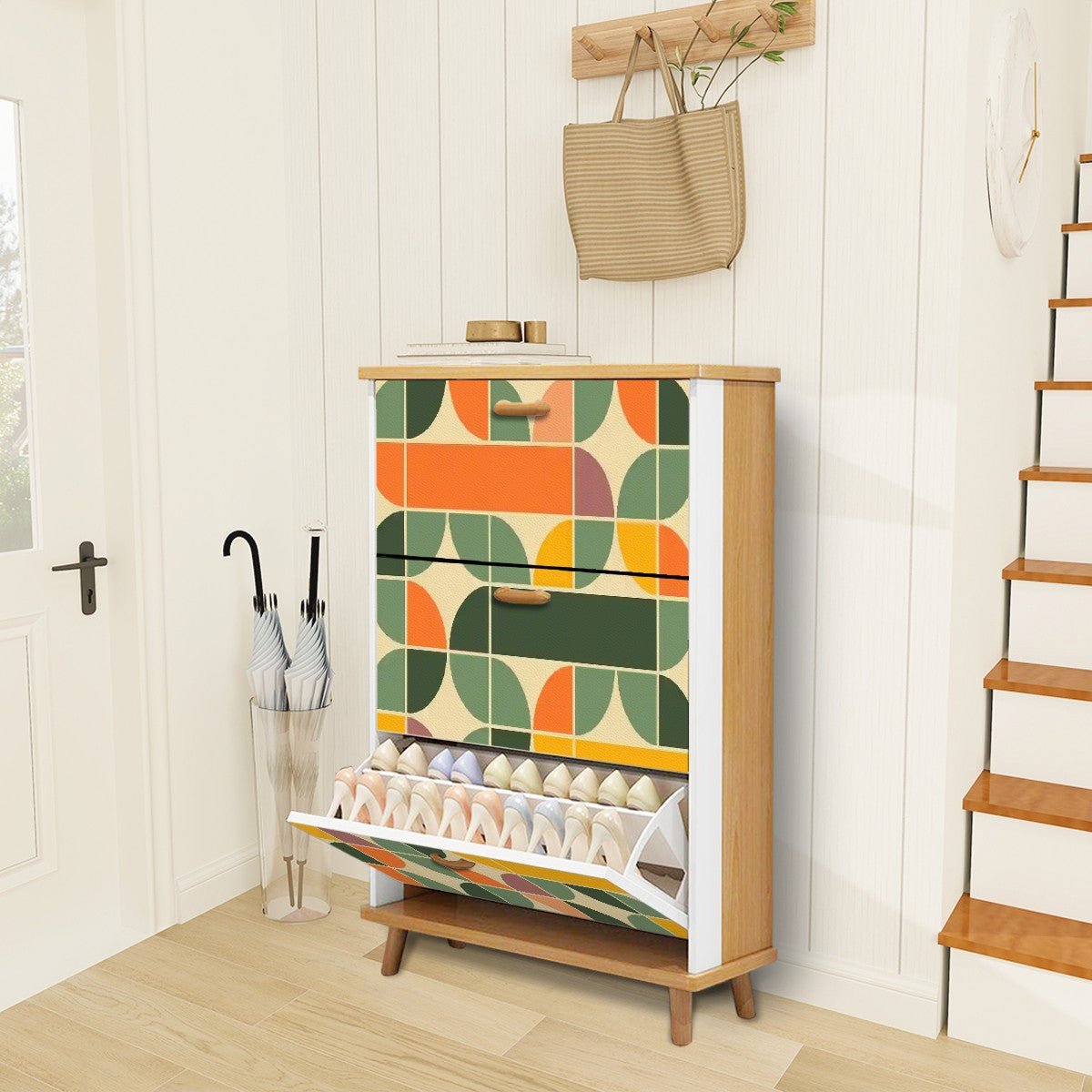 Kate McEnroe New York Retro Geometric Mid Century Modern Shoe Cabinet, MCM Avocado Green, Mustard Yellow Storage AccentShoe Storagew7zwecuFPy