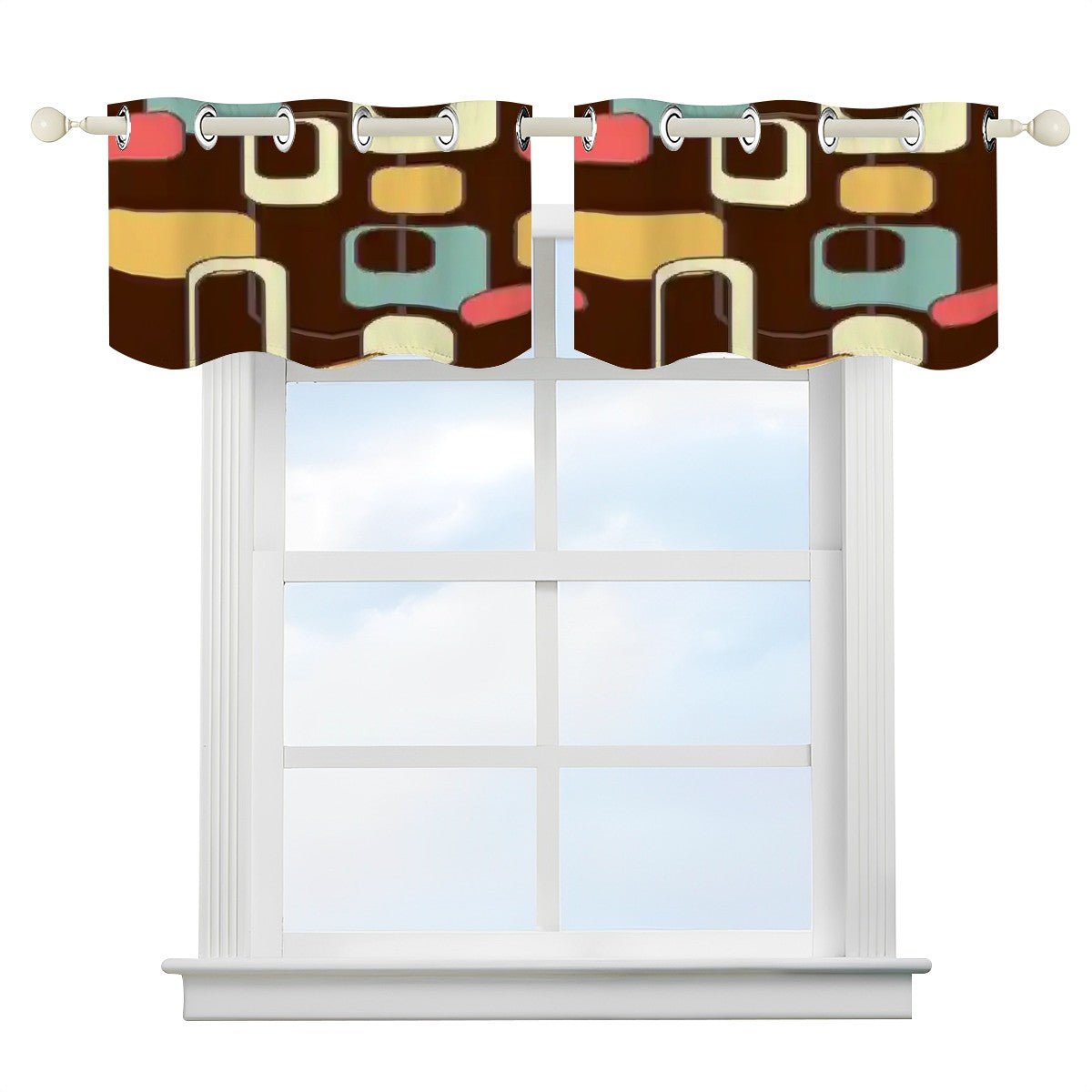 Kate McEnroe New York Retro Geometric Window Valance, Mid Century Modern Brown and Teal Mod Curtain, 50s Atomic Abstract Kitchen DecorValancesGPUIidPs8e