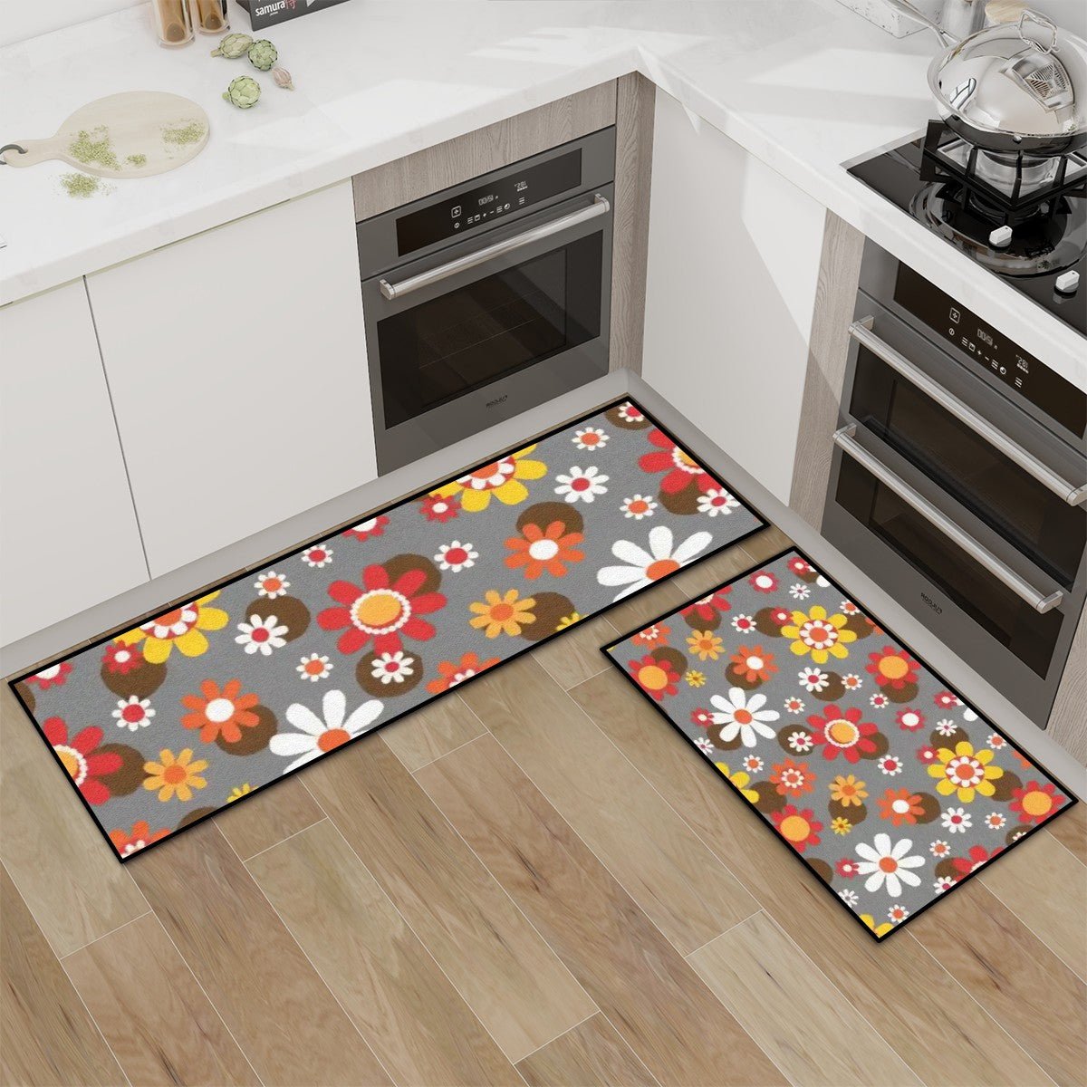 Kate McEnroe New York Retro Groovy 60s Flower Power Rug Set, Mid Century Modern Mod Floral Kitchen Bath MatsKitchen Floor MatsHbkW55ZlyI
