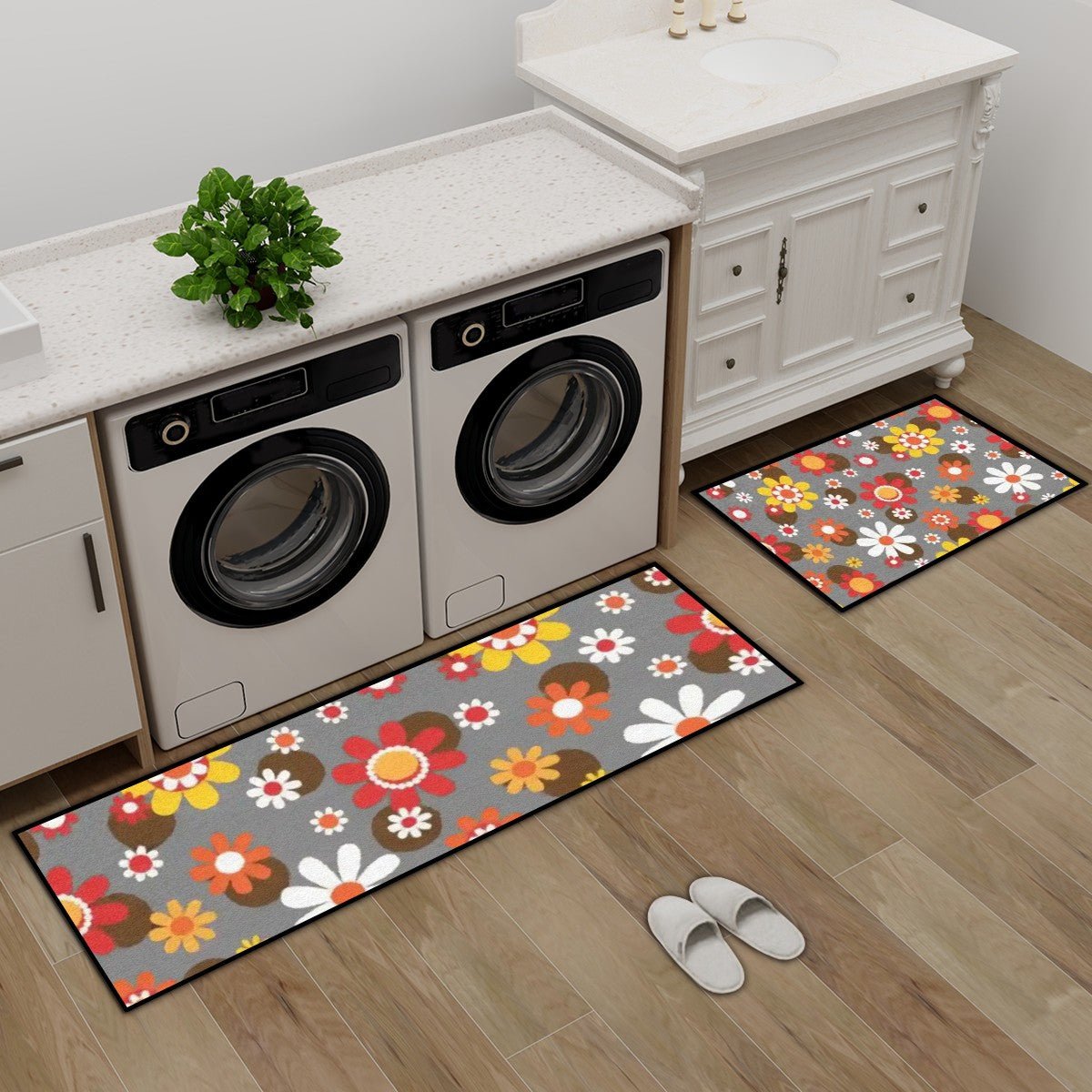 Kate McEnroe New York Retro Groovy 60s Flower Power Rug Set, Mid Century Modern Mod Floral Kitchen Bath MatsKitchen Floor MatsHbkW55ZlyI