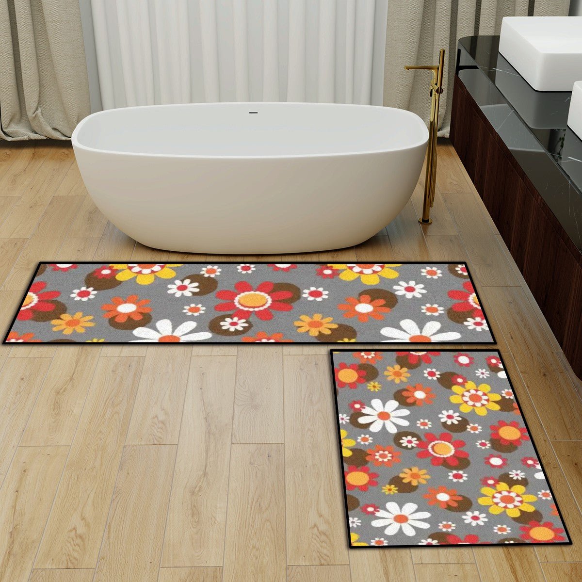 Kate McEnroe New York Retro Groovy 60s Flower Power Rug Set, Mid Century Modern Mod Floral Kitchen Bath MatsKitchen Floor MatsHbkW55ZlyI