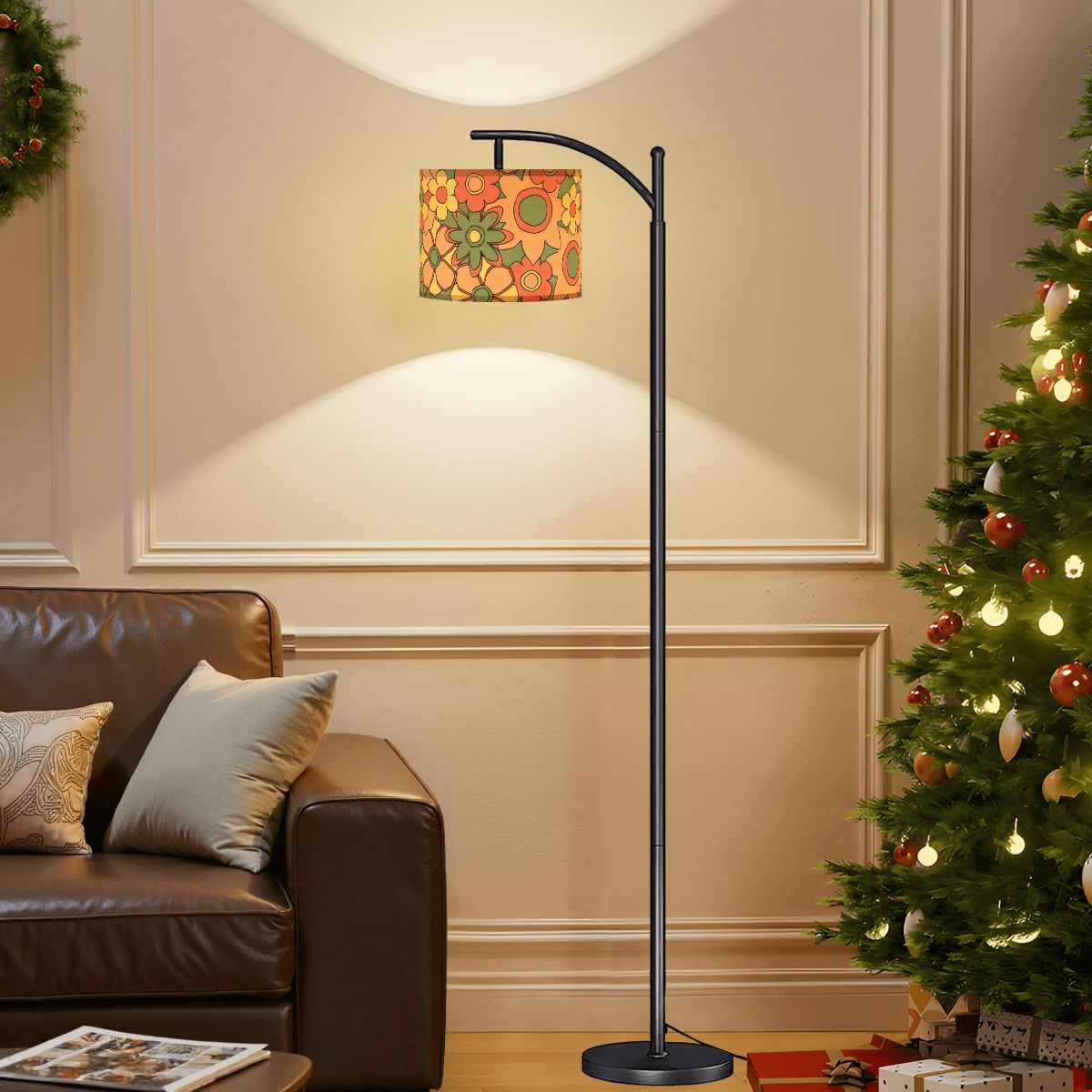 Kate McEnroe New York Retro Groovy Floral Arc Floor Lamp, Mid Century Modern Orange Green Yellow 60s Vibe LightingFloor LampsJIOglDbJLf