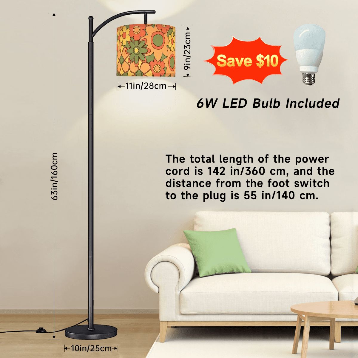 Kate McEnroe New York Retro Groovy Floral Arc Floor Lamp, Mid Century Modern Orange Green Yellow 60s Vibe LightingFloor LampsJIOglDbJLf