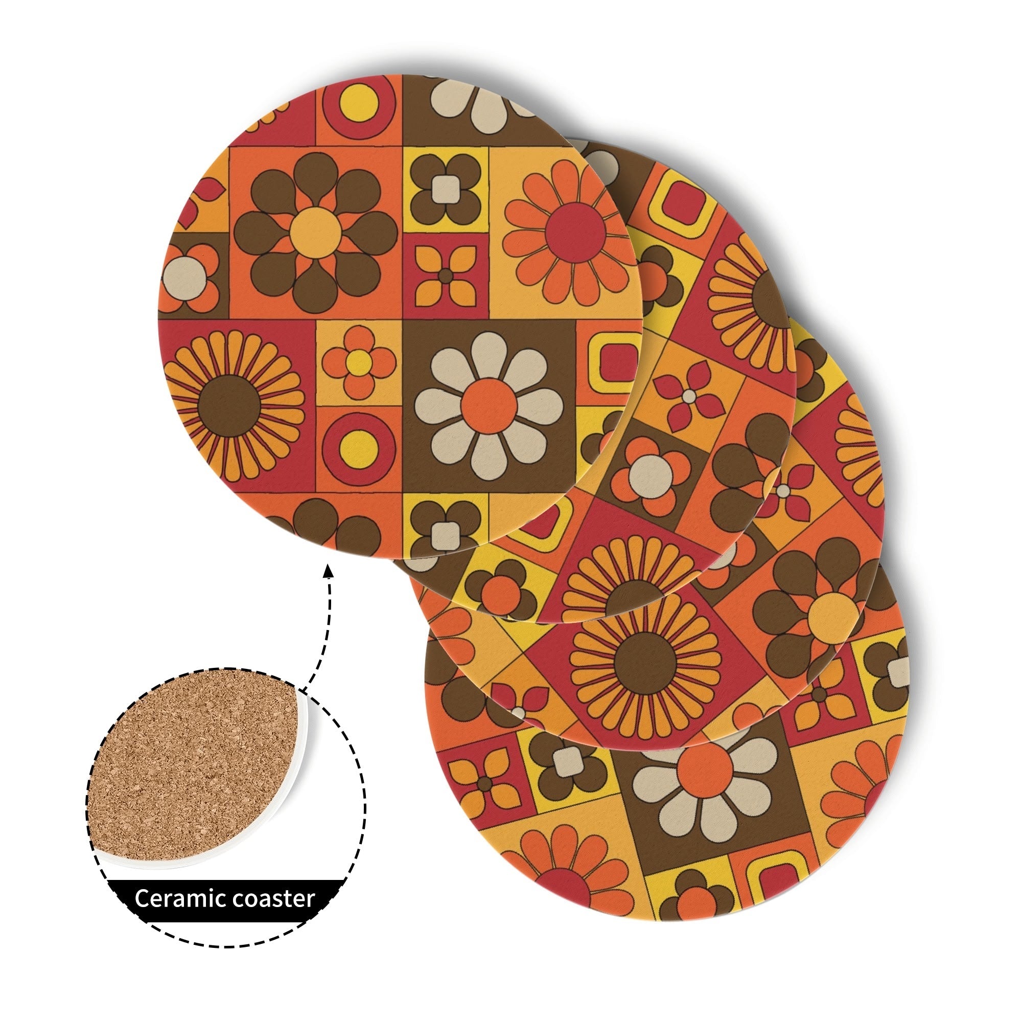 Kate McEnroe New York Retro Groovy Flower Power Ceramic Coaster Set, Mid Century Modern 70s Drinkware, Vintage MCM Mod Table AccentCoastersWDXGM0ZN - 1