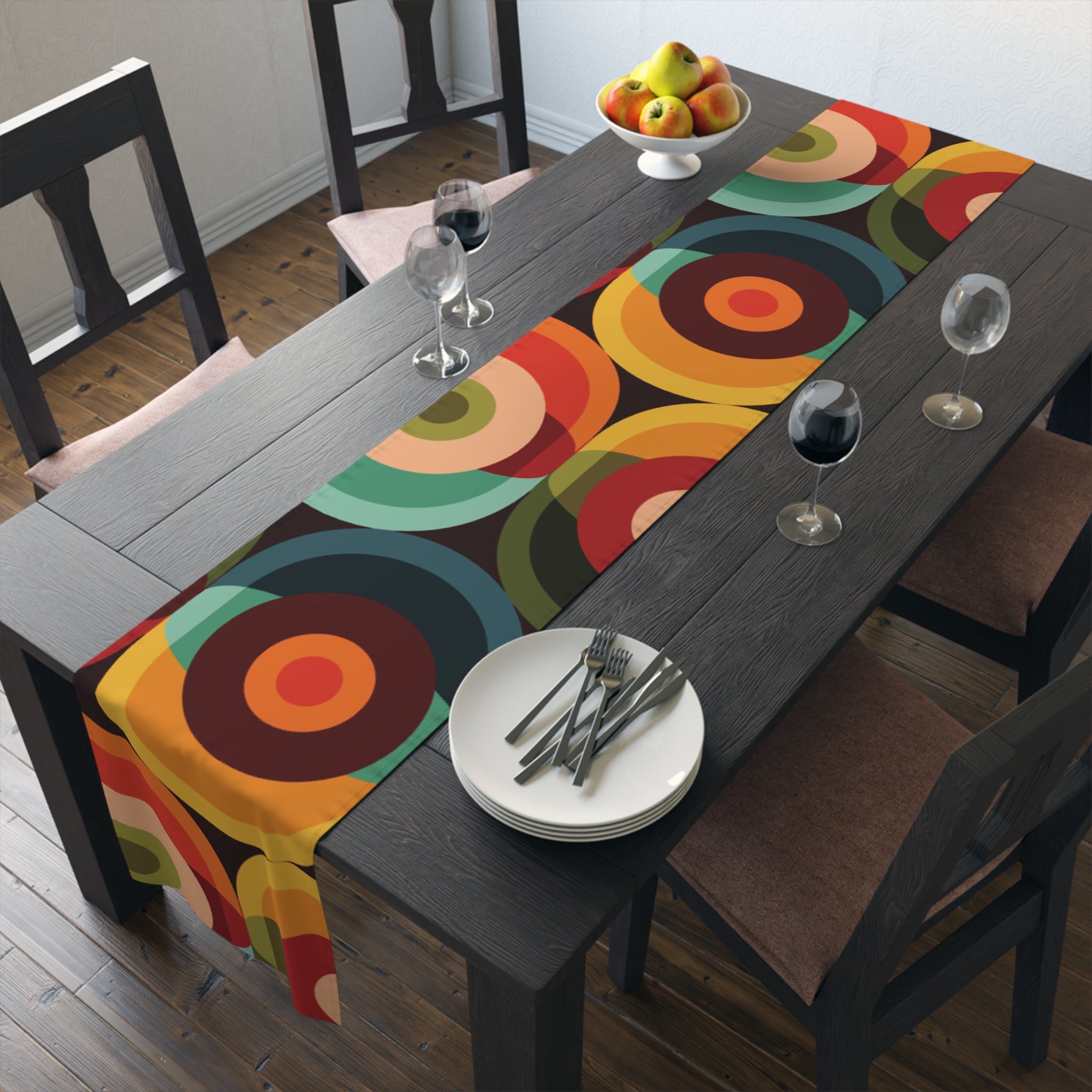 Kate McEnroe New York Retro Groovy Geometric Circle Orbs Table Runner, 70s Mid Century Modern Psychedelic Abstract Table LinensTable Runners10844355493381167902