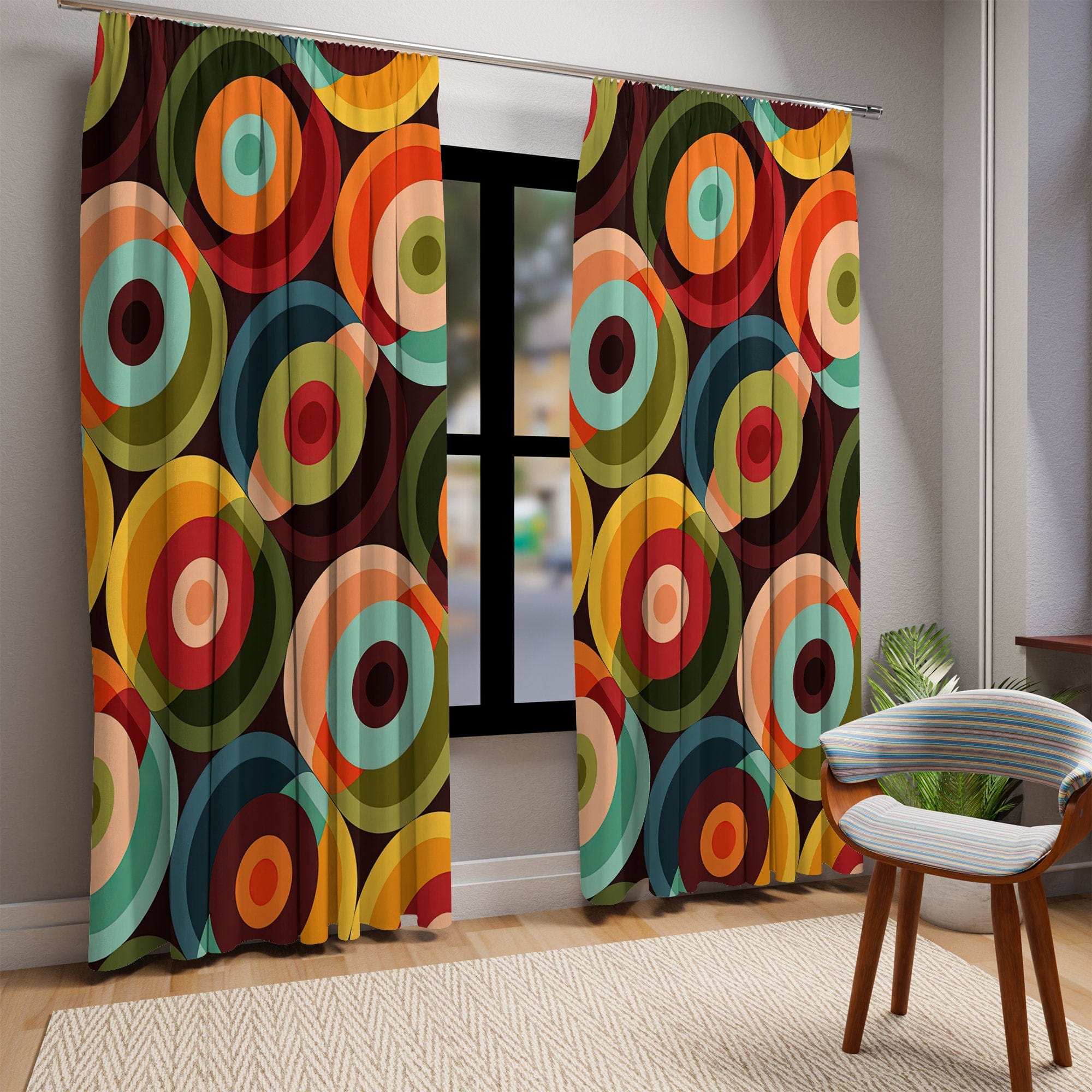 Kate McEnroe New York Retro Groovy Geometric Circle Orbs Window Curtains, 70s Mid Century Modern Psychedelic Abstract Curtain Panels - 132582823Window CurtainsW3S - ORA - GRA - SH3