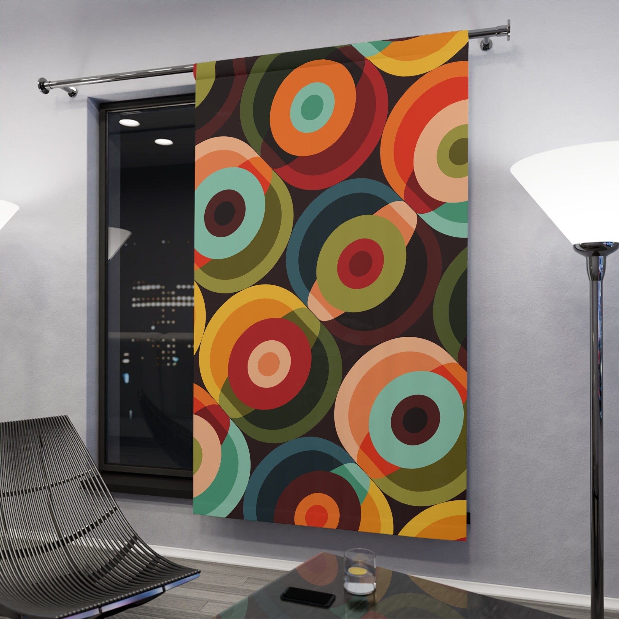 Kate McEnroe New York Retro Groovy Geometric Circle Orbs Window Curtains, 70s Mid Century Modern Psychedelic Abstract Curtain Panels - 132582823Window CurtainsW3S - ORA - GRA - SH3