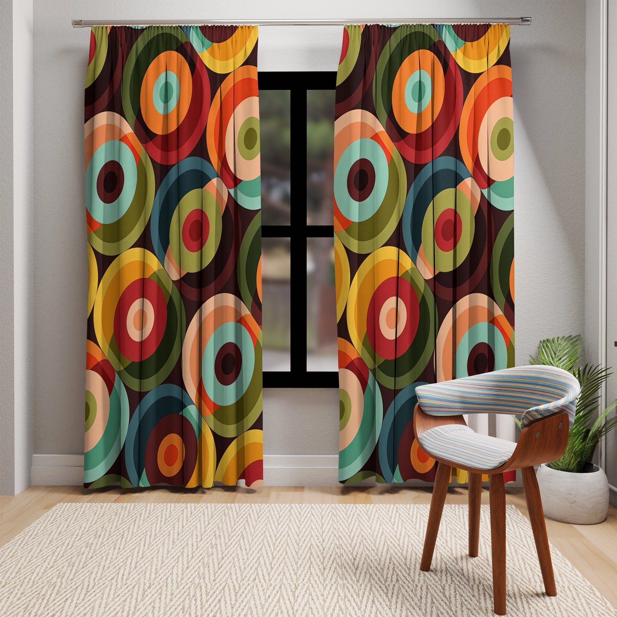 Kate McEnroe New York Retro Groovy Geometric Circle Orbs Window Curtains, 70s Mid Century Modern Psychedelic Abstract Curtain Panels - 132582823Window CurtainsW3S - ORA - GRA - SH3