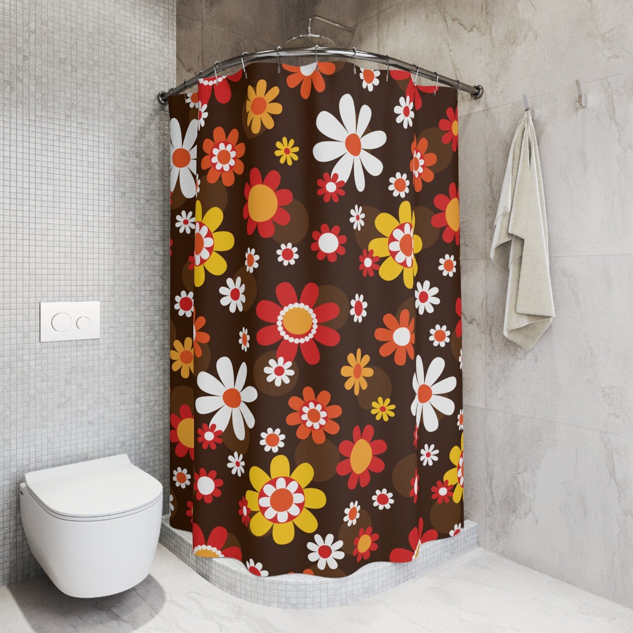 Kate McEnroe New York Retro Groovy Hippie Daisy Boho Shower Curtain, Mid Century Modern Bathroom Decor, MCM Flower Power Bath Curtain - 128282023Shower CurtainsS40 - RED - FWP - 7X7