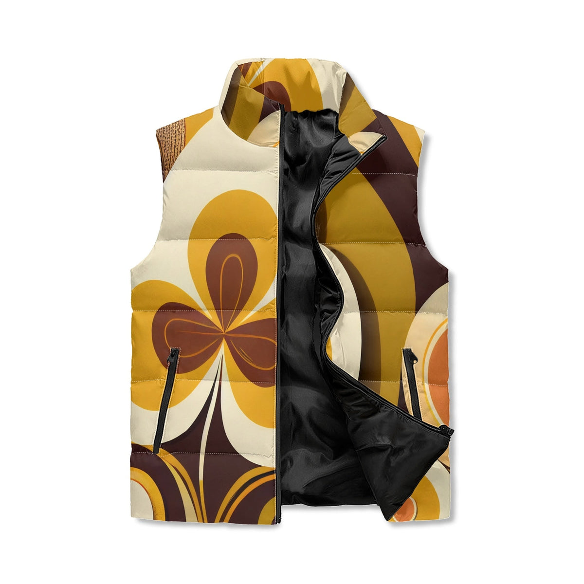 Kate McEnroe New York Retro Groovy Hippie Flower Power Puffer Vest, Mid Mod Floral Fall OuterwearPuffer JacketsN67REVPW - 1