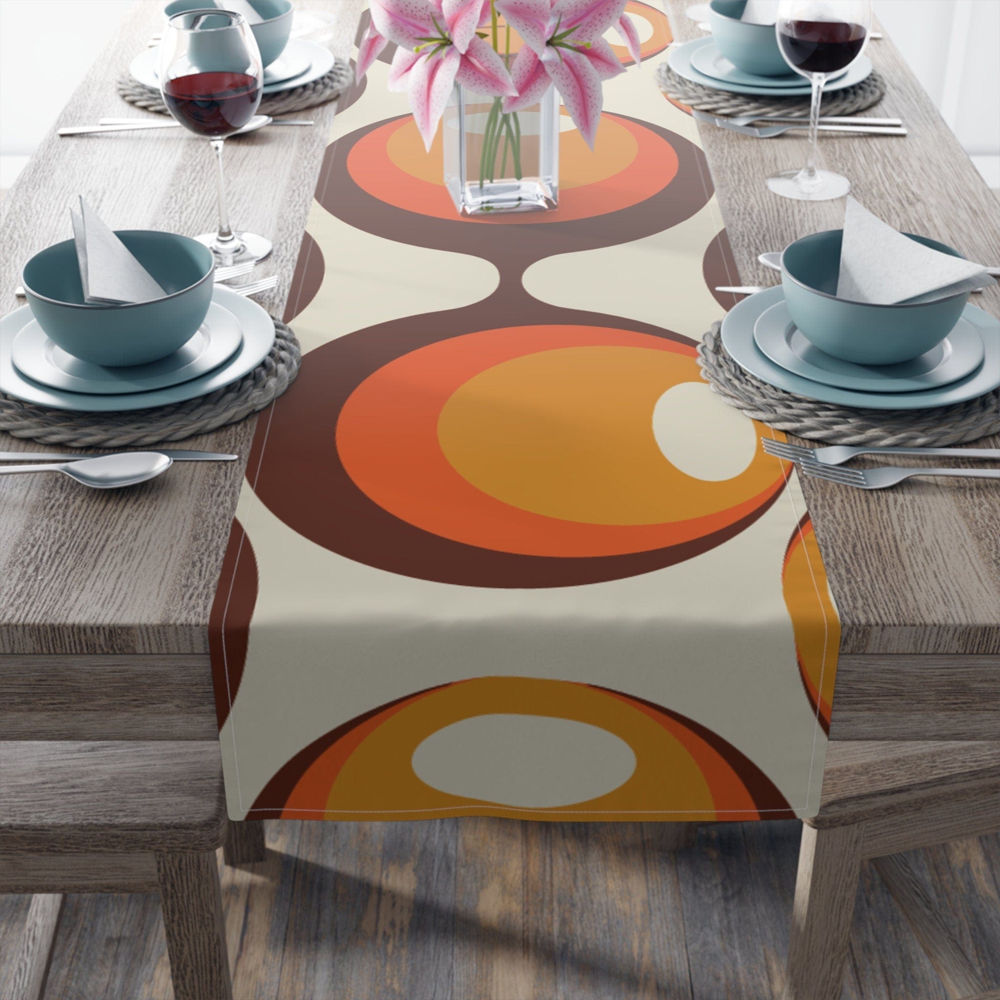 Kate McEnroe New York Retro Groovy Orbs Table Runner, Atomic Age Vintage Mid Century Modern Orange, Brown, Yellow Table Linens - KM13569723Table Runners18228246041296883766