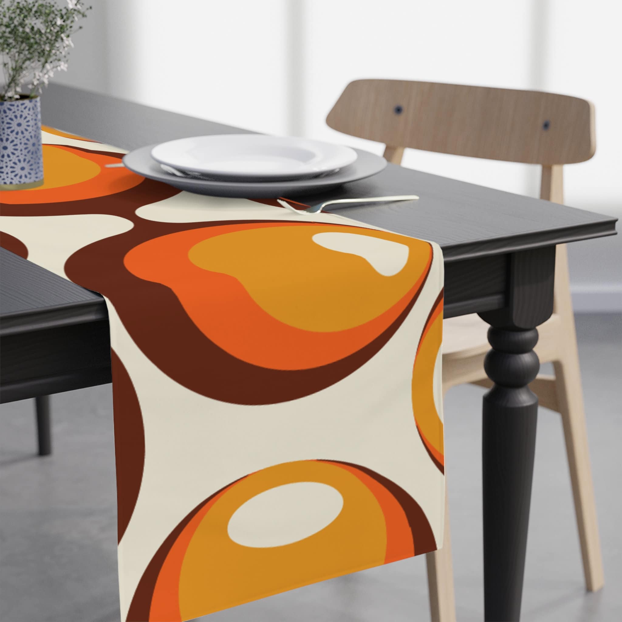 Kate McEnroe New York Retro Groovy Orbs Table Runner, Atomic Age Vintage Mid Century Modern Orange, Brown, Yellow Table Linens - KM13569723Table Runners18228246041296883766