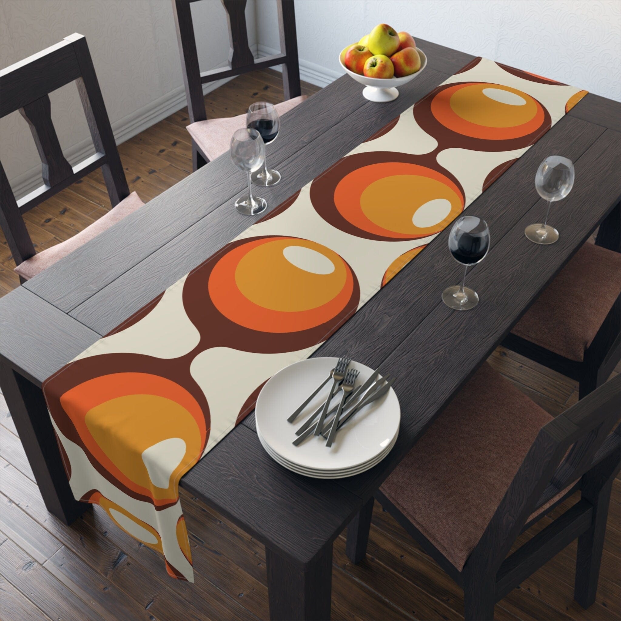 Kate McEnroe New York Retro Groovy Orbs Table Runner, Atomic Age Vintage Mid Century Modern Orange, Brown, Yellow Table Linens - KM13569723Table Runners18228246041296883766