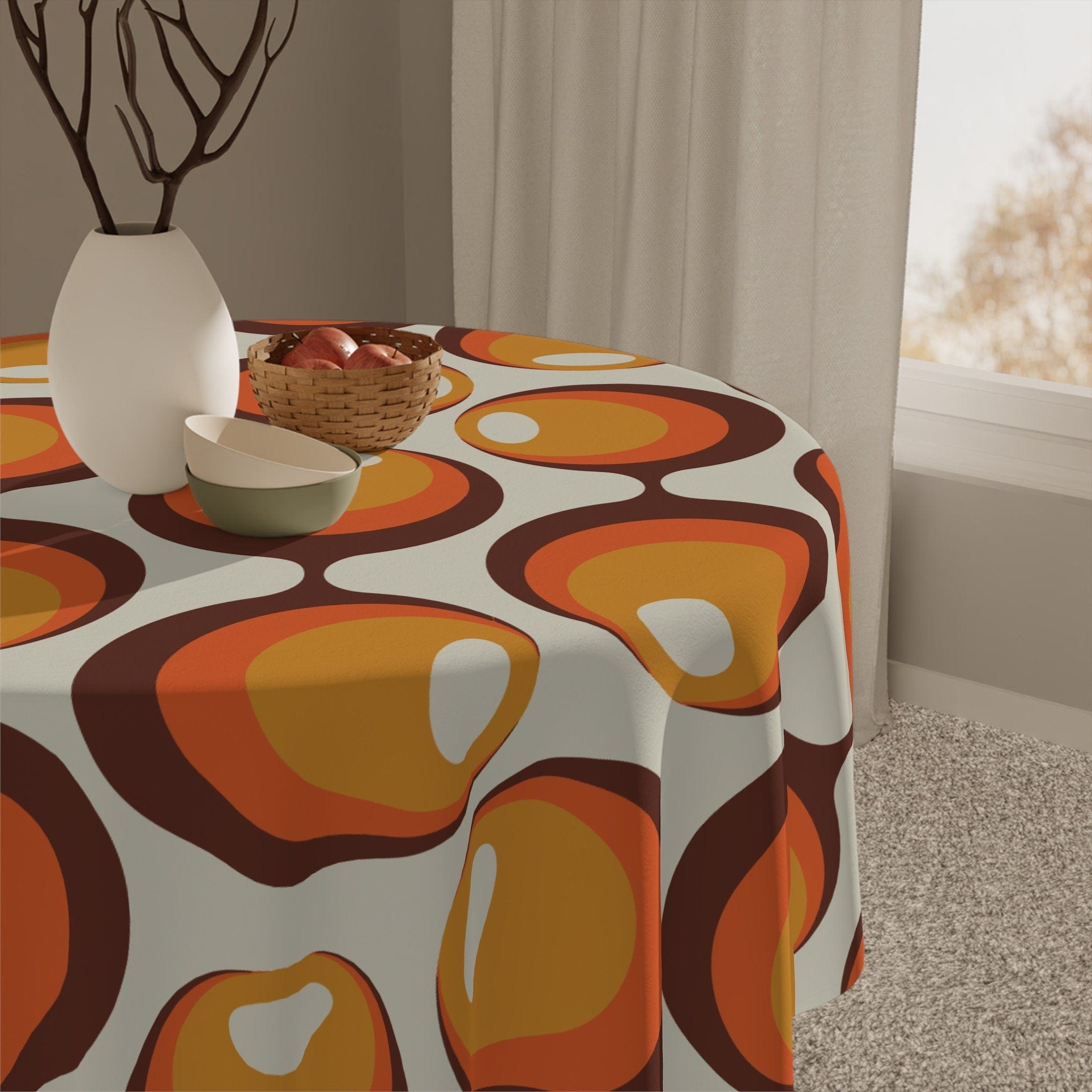 Kate McEnroe New York Retro Groovy Orbs Tablecloth, Atomic Age Vintage Mid Century Modern Orange, Brown, Yellow Table Linens - KM13569723Tablecloths13555613521045870735