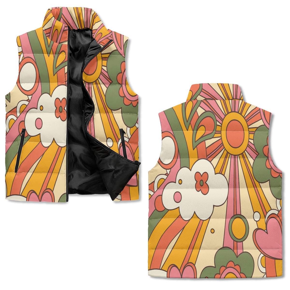 Kate McEnroe New York Retro Groovy Sunshine Puffer Vest, Mid Mod Hippie Floral Outerwear, 70s Boho Chic Lightweight JacketPuffer JacketsWQEOGR5W - 1