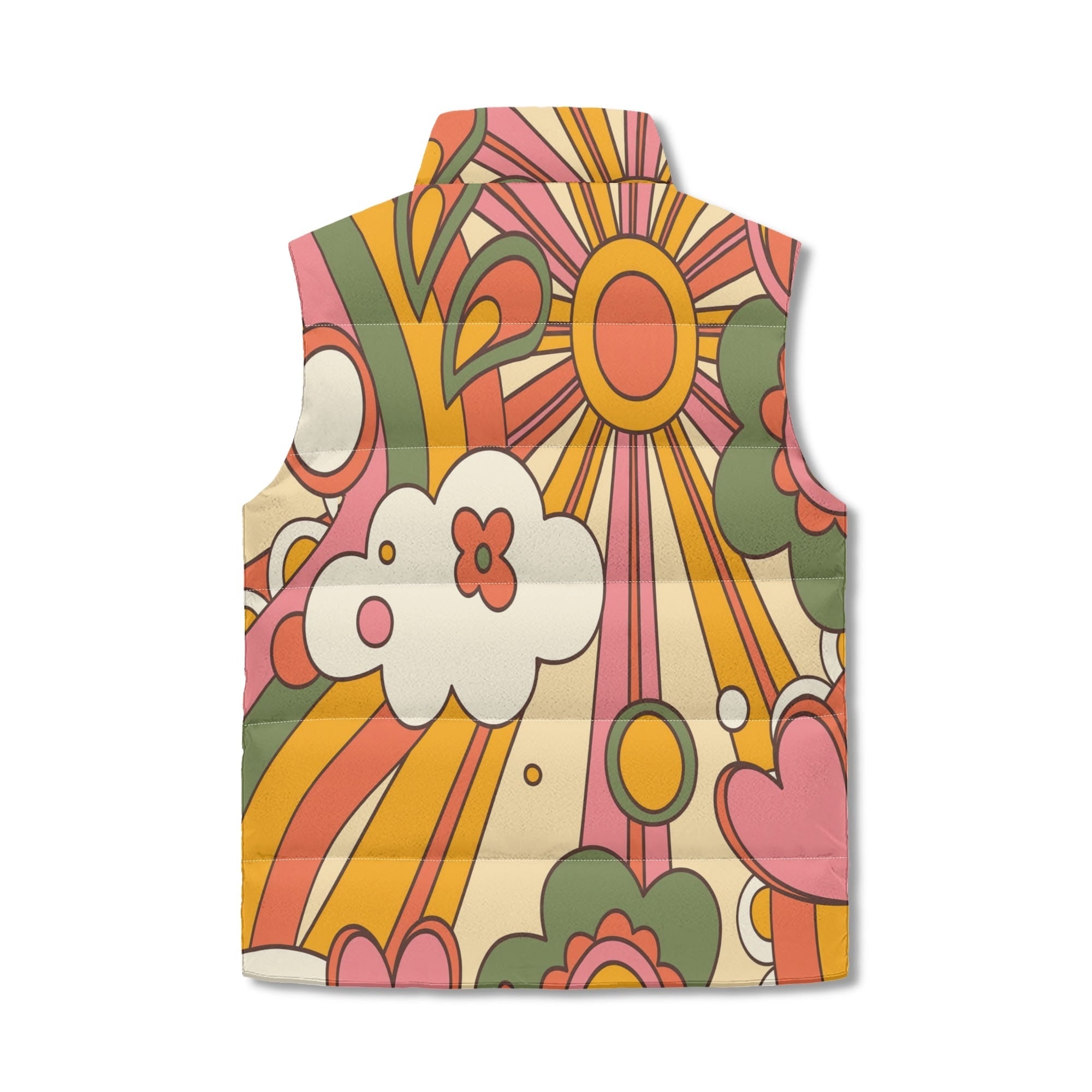 Kate McEnroe New York Retro Groovy Sunshine Puffer Vest, Mid Mod Hippie Floral Outerwear, 70s Boho Chic Lightweight JacketPuffer JacketsWQEOGR5W - 1