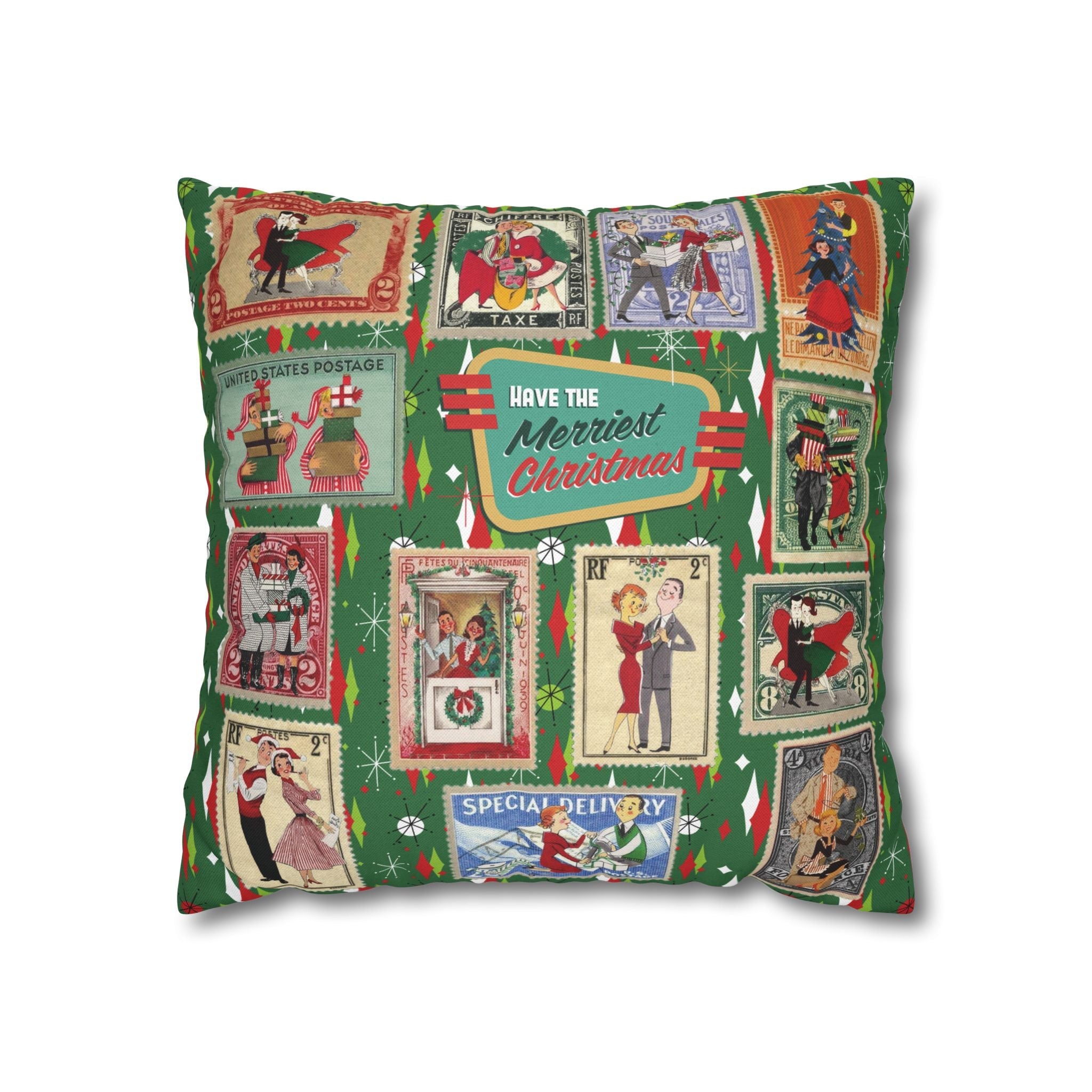 Kate McEnroe New York Retro Kitsch Christmas Vintage Stamp Throw Pillow Cover, 1950s Franciscan Diamond Starburst Holiday CushionThrow Pillow Covers23288341624727088795