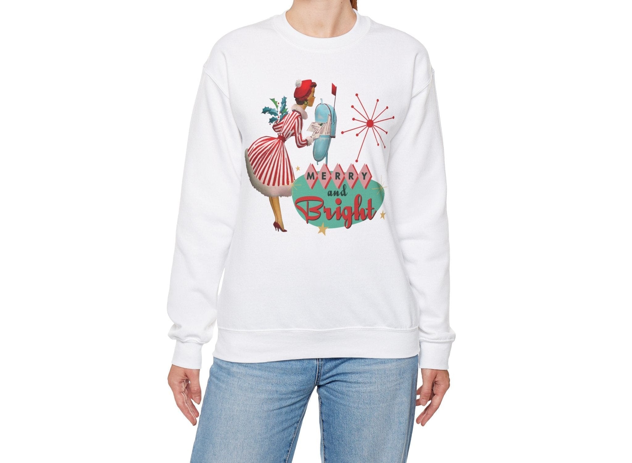 Kate McEnroe New York Retro Kitsch Merry and Bright Christmas Sweatshirt, Mid Century Modern 50s Vintage Style Unisex Heavy Blend™ Crewneck SweatshirtSweatshirt31756610088885692372