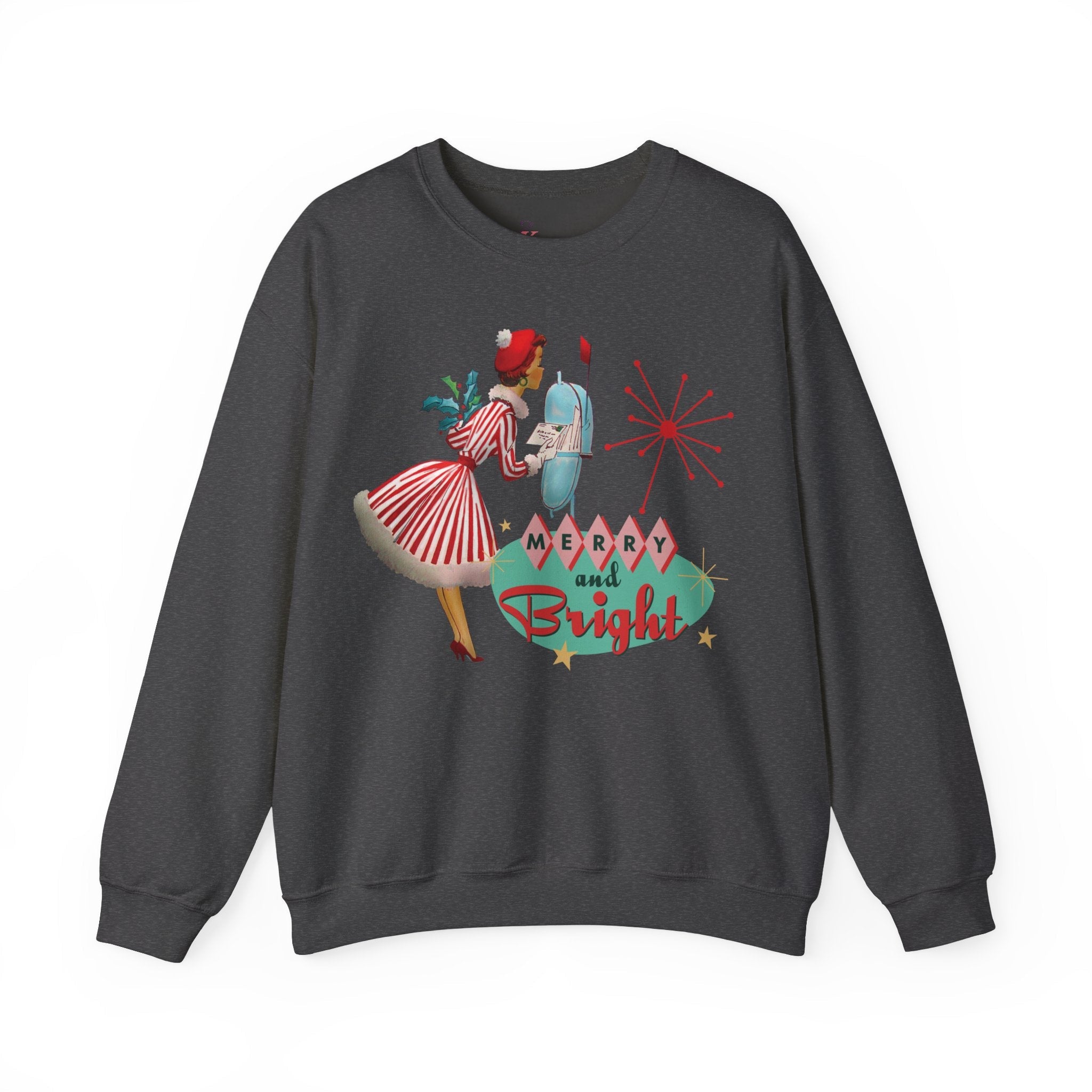 Kate McEnroe New York Retro Kitsch Merry and Bright Christmas Sweatshirt, Mid Century Modern 50s Vintage Style Unisex Heavy Blend™ Crewneck SweatshirtSweatshirt31756610088885692372