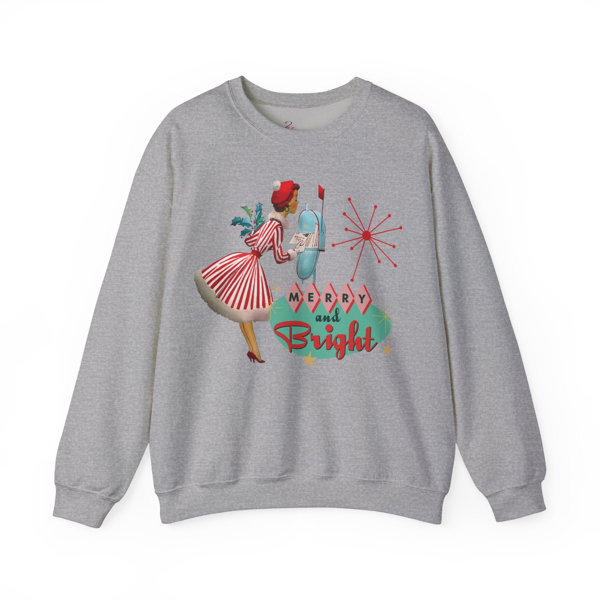 Kate McEnroe New York Retro Kitsch Merry and Bright Christmas Sweatshirt, Mid Century Modern 50s Vintage Style Unisex Heavy Blend™ Crewneck SweatshirtSweatshirt31446965873874329835