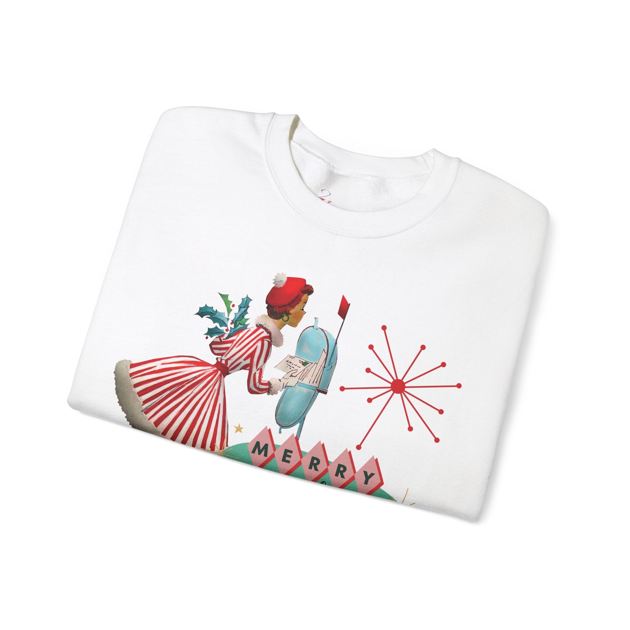 Kate McEnroe New York Retro Kitsch Merry and Bright Christmas Sweatshirt, Mid Century Modern 50s Vintage Style Unisex Heavy Blend™ Crewneck SweatshirtSweatshirt92125802458166335301