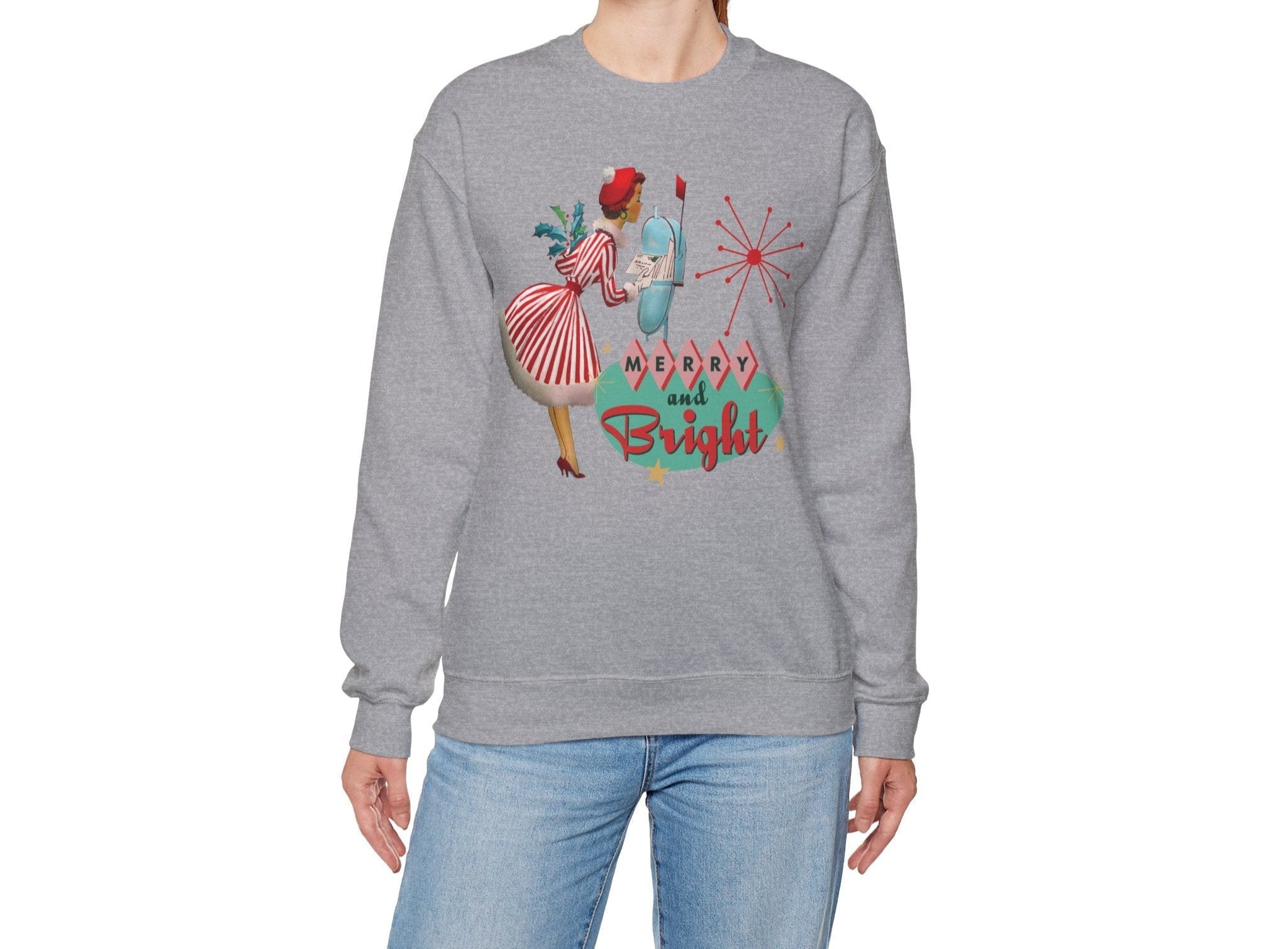 Kate McEnroe New York Retro Kitsch Merry and Bright Christmas Sweatshirt, Mid Century Modern 50s Vintage Style Unisex Heavy Blend™ Crewneck SweatshirtSweatshirt92125802458166335301