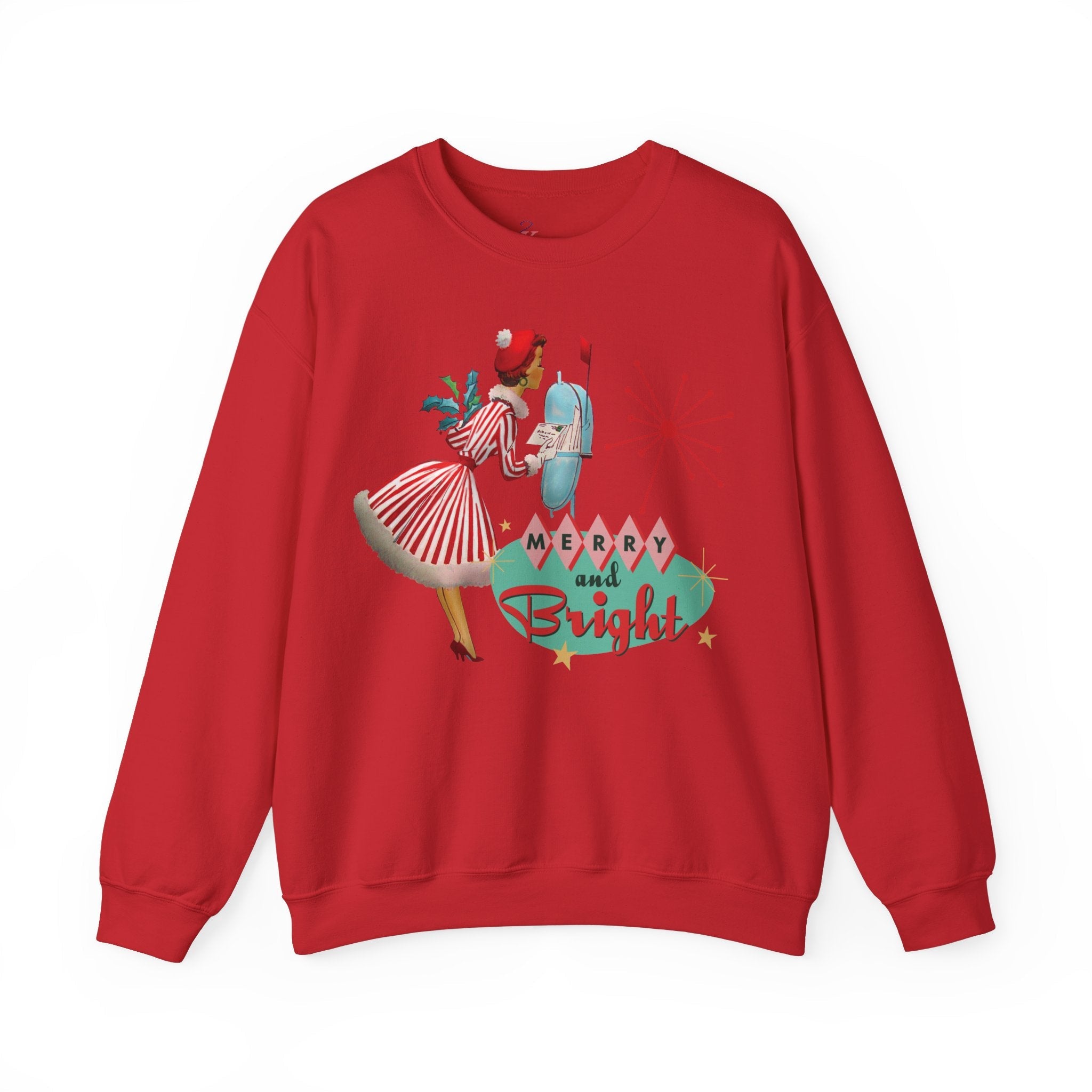 Kate McEnroe New York Retro Kitsch Merry and Bright Christmas Sweatshirt, Mid Century Modern 50s Vintage Style Unisex Heavy Blend™ Crewneck SweatshirtSweatshirt92125802458166335301