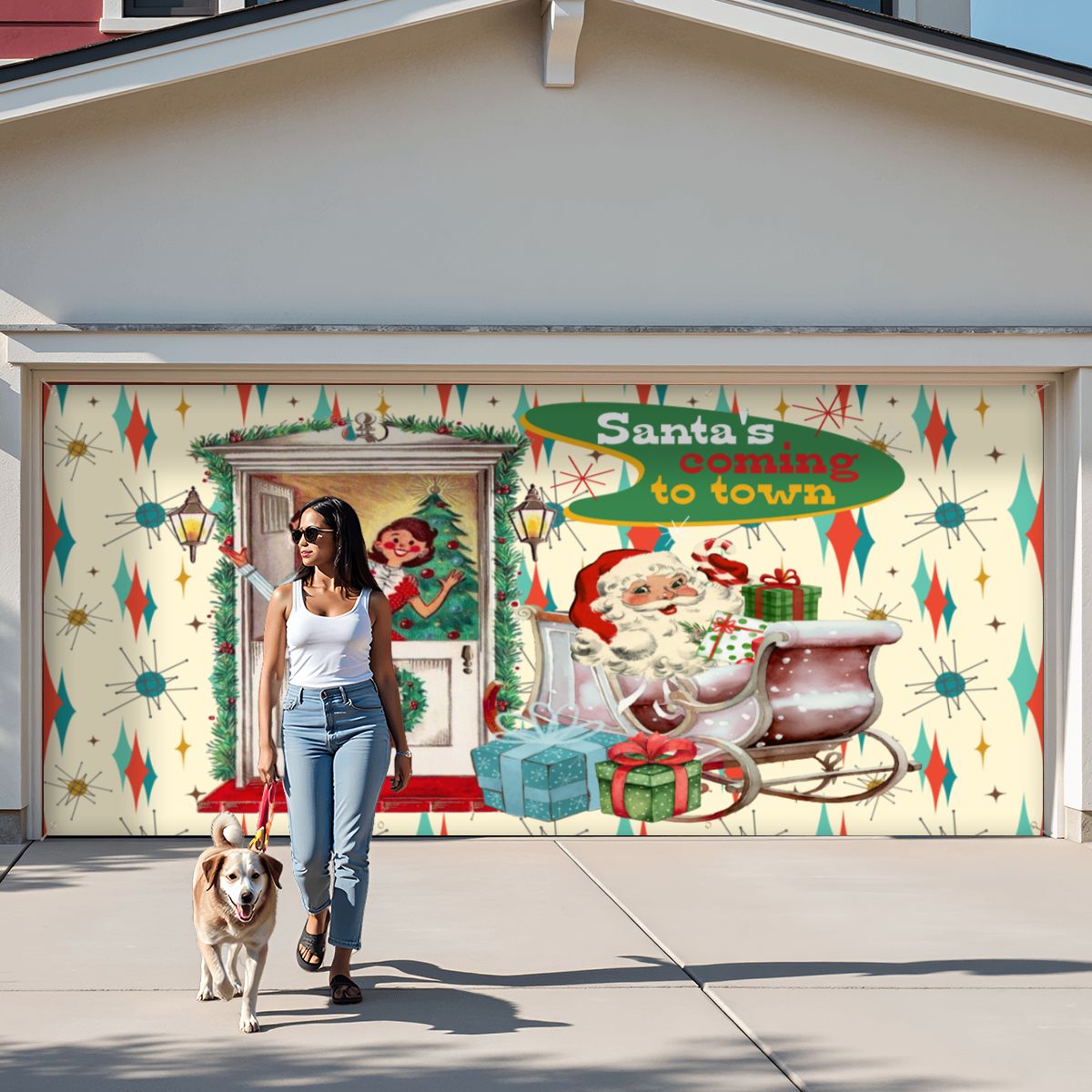 Kate McEnroe New York Retro Kitsch Santa Sleigh Garage Door Banner, Mid Century Modern 50s Couple Christmas Card Outdoor DecorationGarage Door BannerRspyGti3VW
