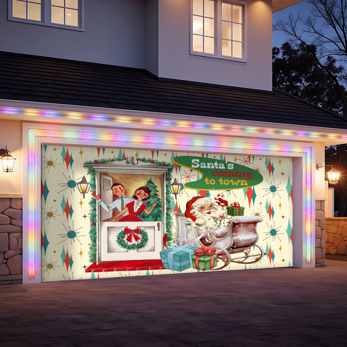 Kate McEnroe New York Retro Kitsch Santa Sleigh Garage Door Banner, Mid Century Modern 50s Couple Christmas Card Outdoor DecorationGarage Door BannerRspyGti3VW