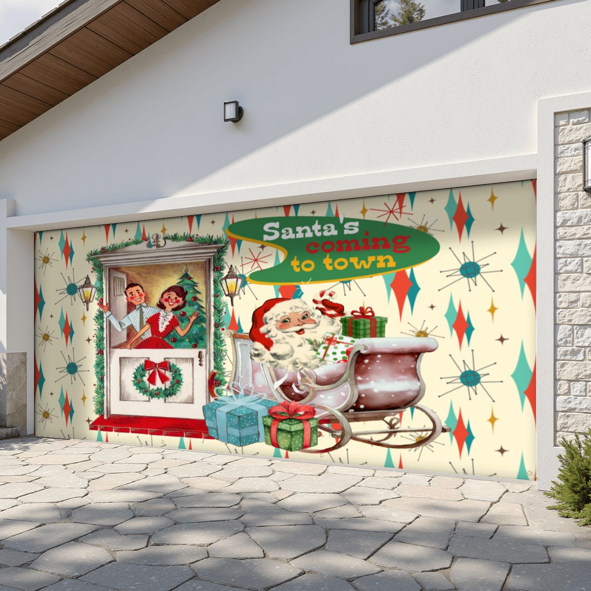 Kate McEnroe New York Retro Kitsch Santa Sleigh Garage Door Banner, Mid Century Modern 50s Couple Christmas Card Outdoor DecorationGarage Door BannerRspyGti3VW