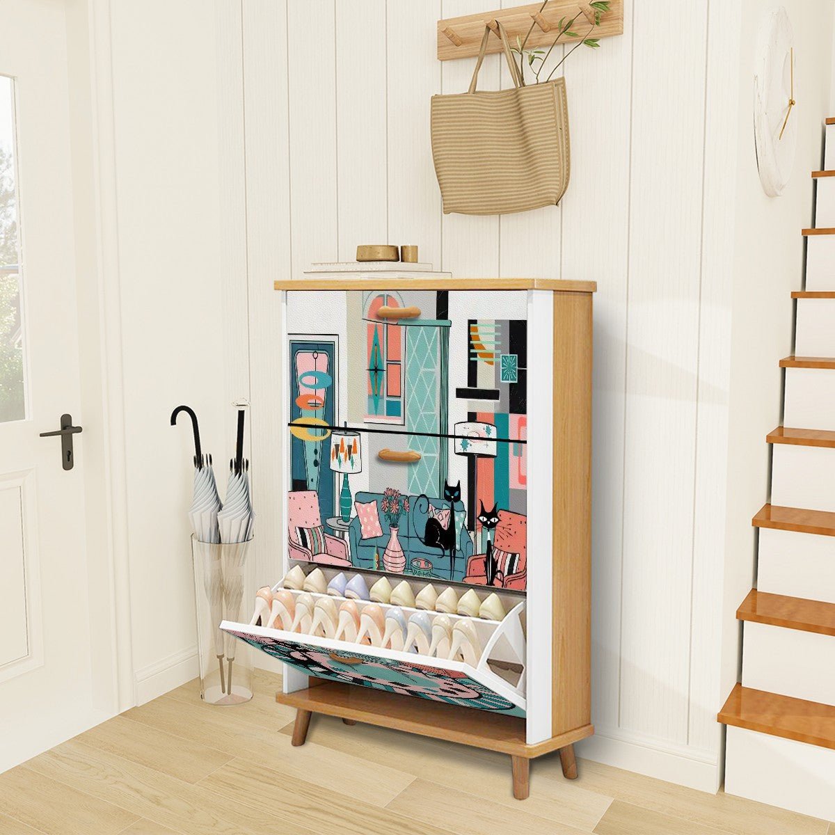 Kate McEnroe New York Retro Kitschy Atomic Cat Lounge Shoe Cabinet, Mid Century Modern FurnitureShoe StorageEcSth3tURg