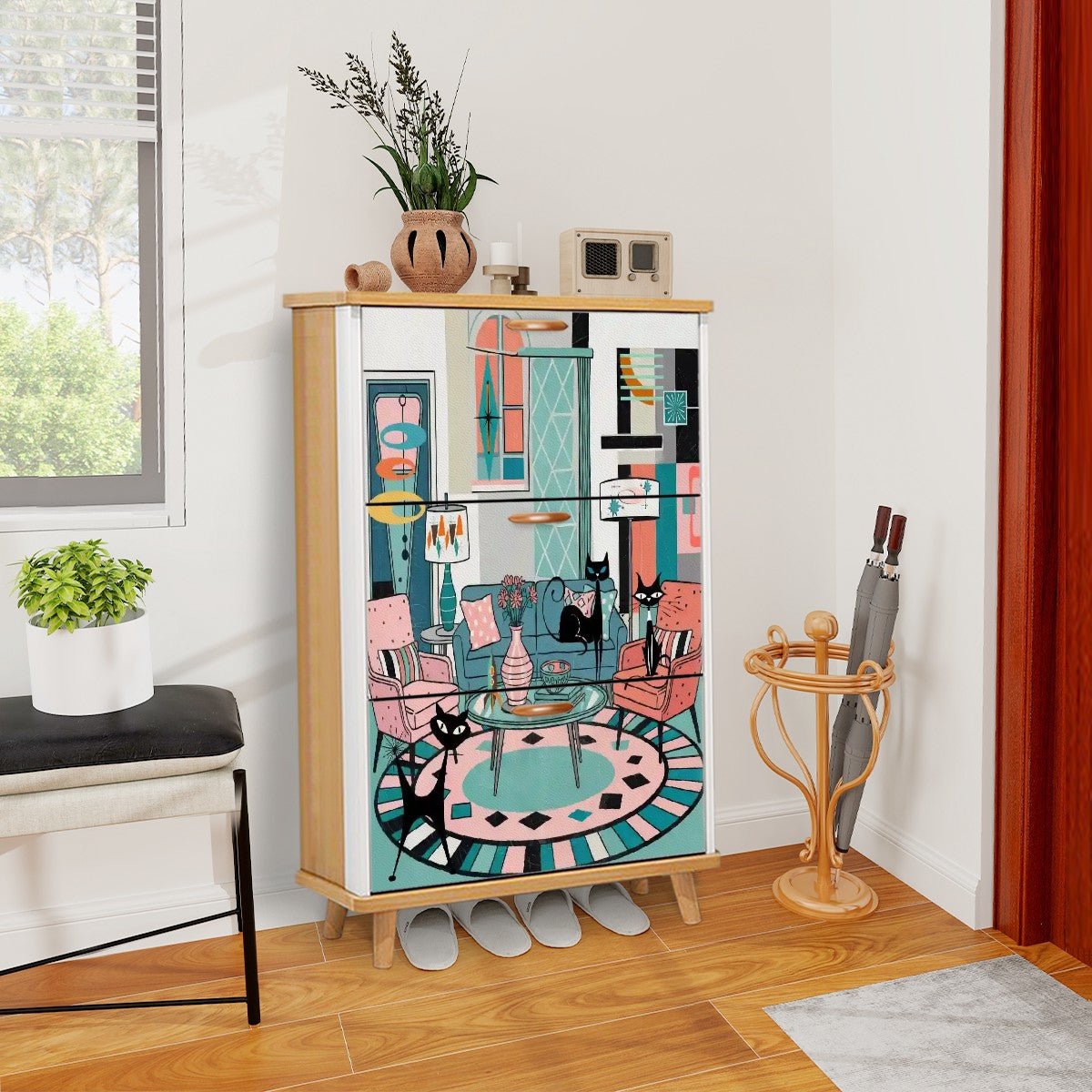 Kate McEnroe New York Retro Kitschy Atomic Cat Lounge Shoe Cabinet, Mid Century Modern FurnitureShoe StorageEcSth3tURg