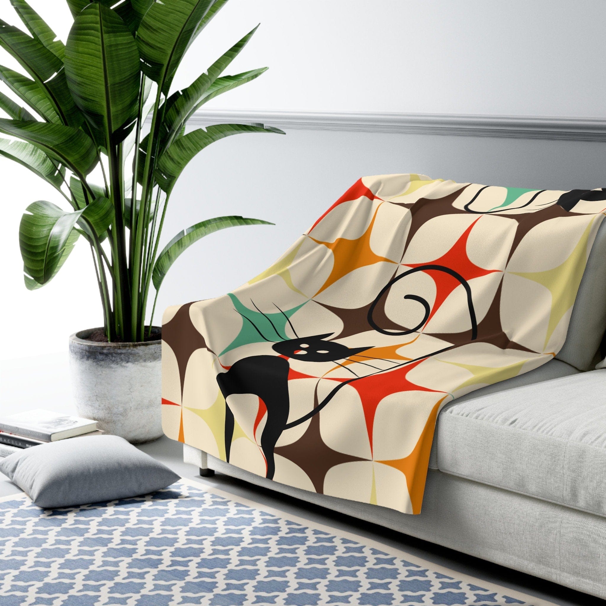 Kate McEnroe New York Retro Kitschy Atomic Cat Sherpa Fleece Blanket, Mid Century Modern Starburst Throw Blanket - 129082023Blankets29956376155405977370