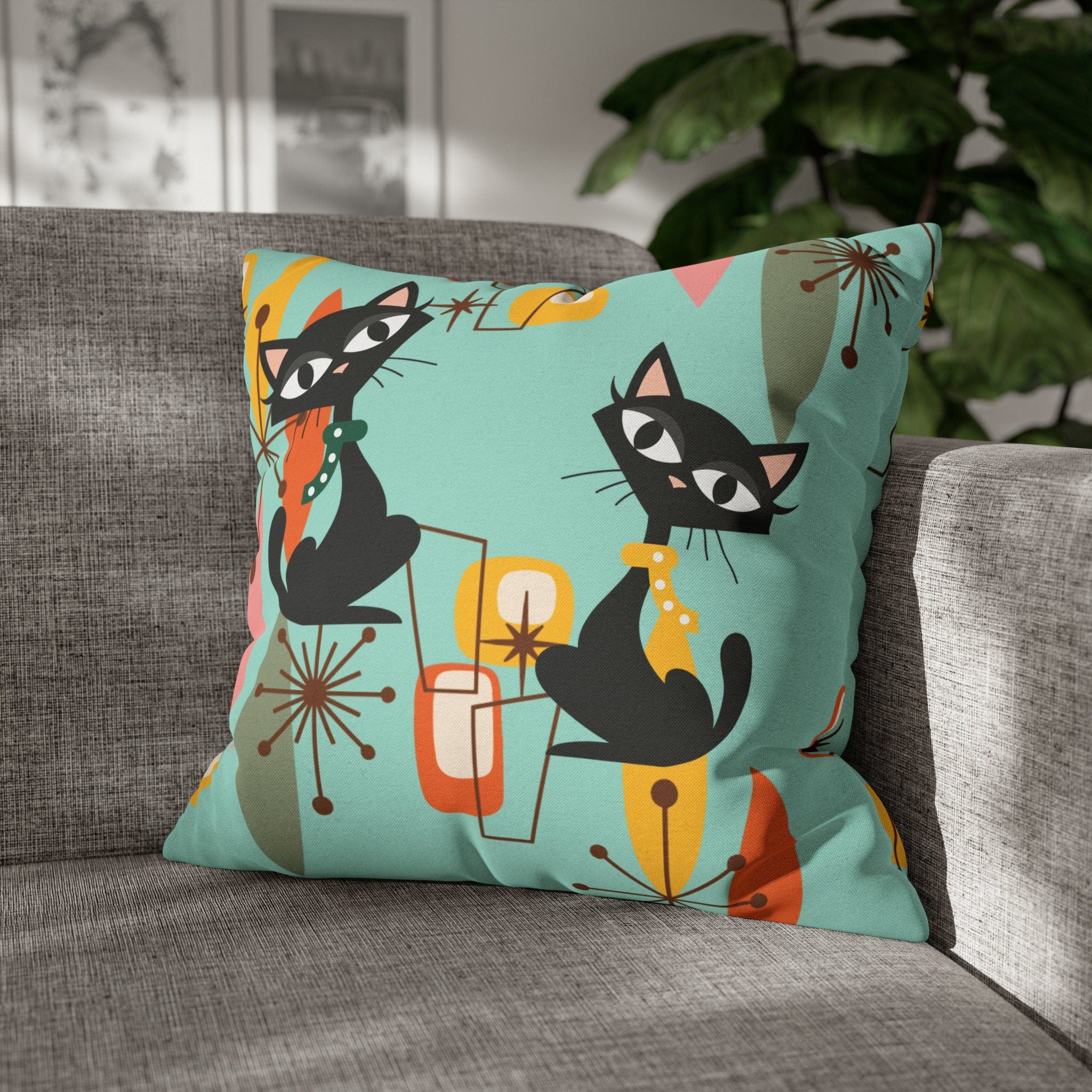 Kate McEnroe New York Retro Kitschy Cat Pillow Cover, Mid Century Modern Atomic Kitties Cushion Covers, Franciscan Diamond Starburst Geometric MCM Pillow CaseThrow Pillow Covers14655356921490697375