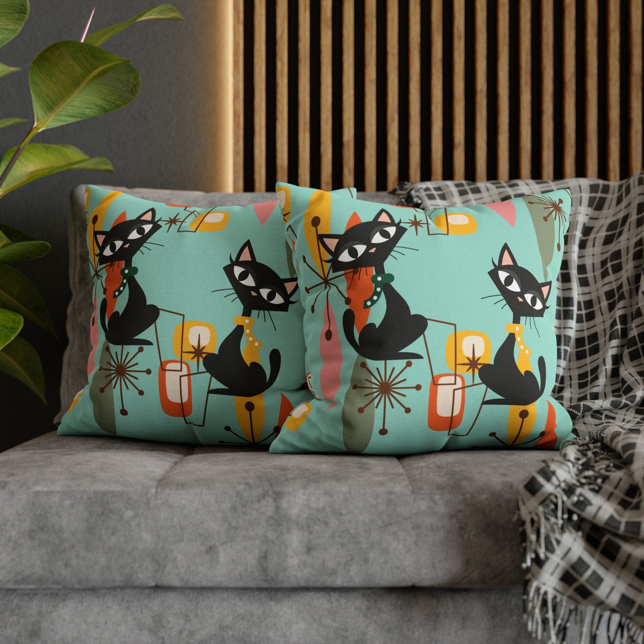 Kate McEnroe New York Retro Kitschy Cat Pillow Cover, Mid Century Modern Atomic Kitties Cushion Covers, Franciscan Diamond Starburst Geometric MCM Pillow CaseThrow Pillow Covers14655356921490697375