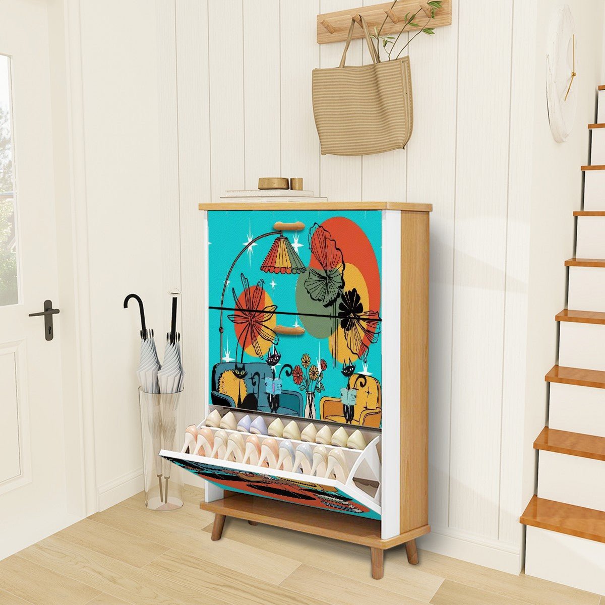 Kate McEnroe New York Retro Lounge Atomic Cat Shoe Cabinet, Mid Century Modern Starburst Storage Unit, 50s Kitsch Book Stack OrganizerShoe Storage4jmOocFklS