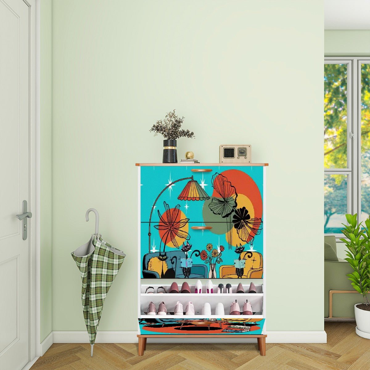 Kate McEnroe New York Retro Lounge Atomic Cat Shoe Cabinet, Mid Century Modern Starburst Storage Unit, 50s Kitsch Book Stack OrganizerShoe Storage4jmOocFklS