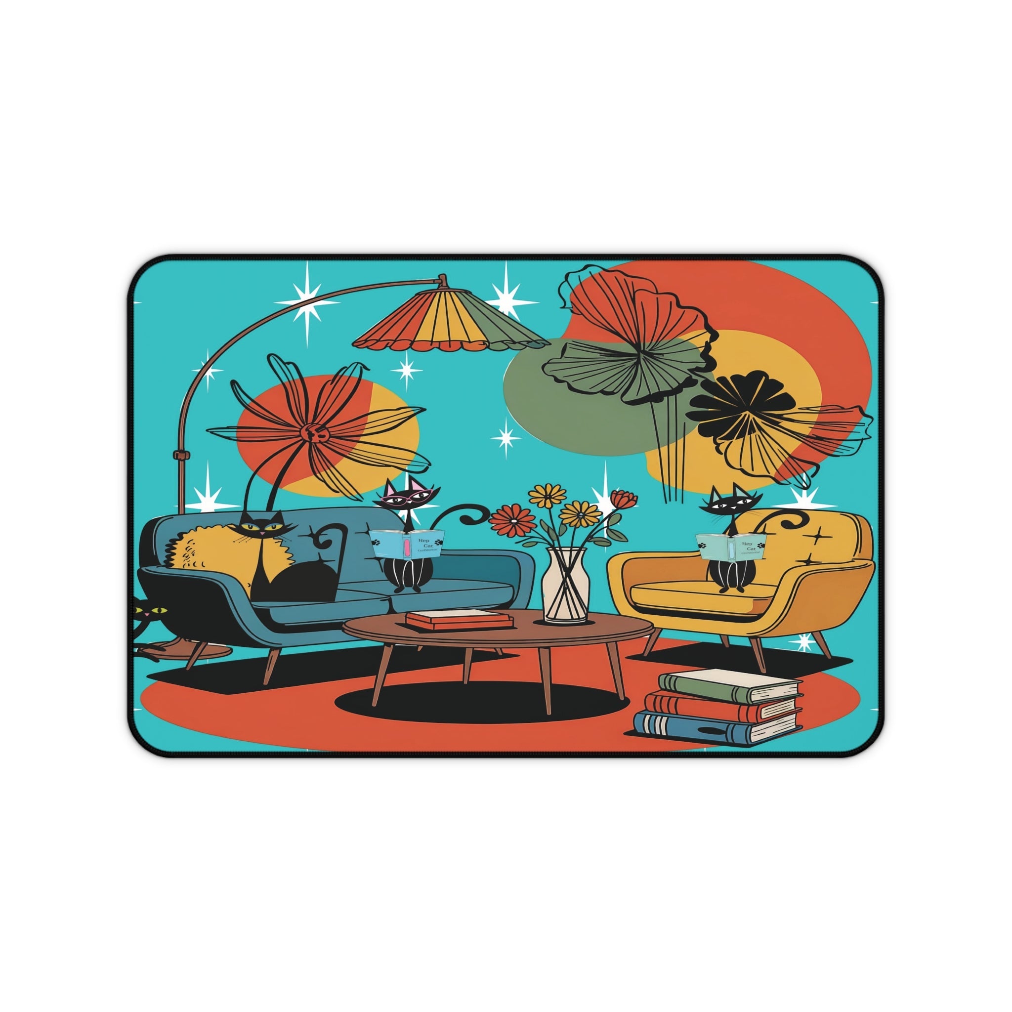 Kate McEnroe New York Retro Lounge Desk Pad, Mid Century Modern Office Mat, Atomic Cat Book Scene Workspace AccessoryDesk Mats23312152451708891178