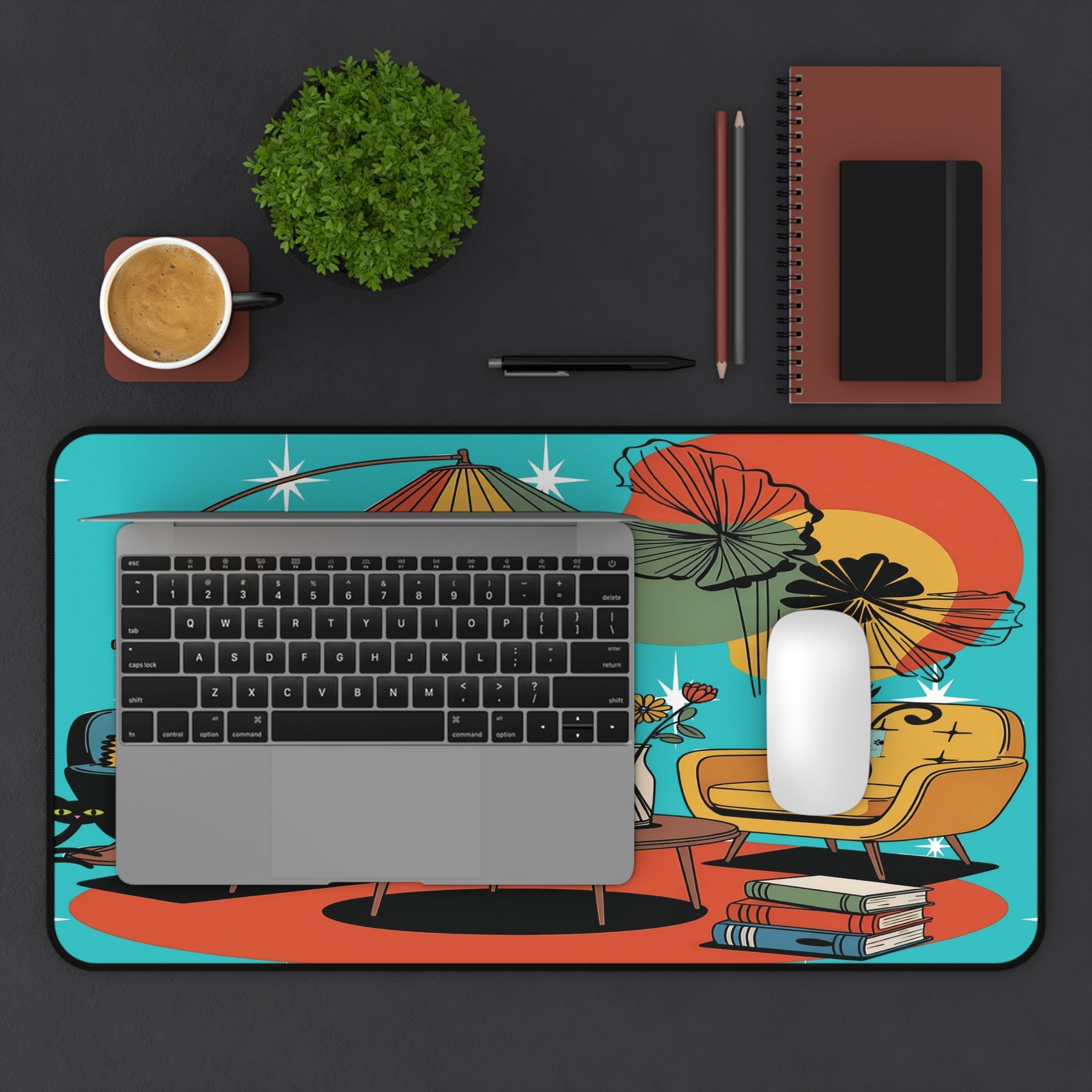 Kate McEnroe New York Retro Lounge Desk Pad, Mid Century Modern Office Mat, Atomic Cat Book Scene Workspace AccessoryDesk Mats23312152451708891178