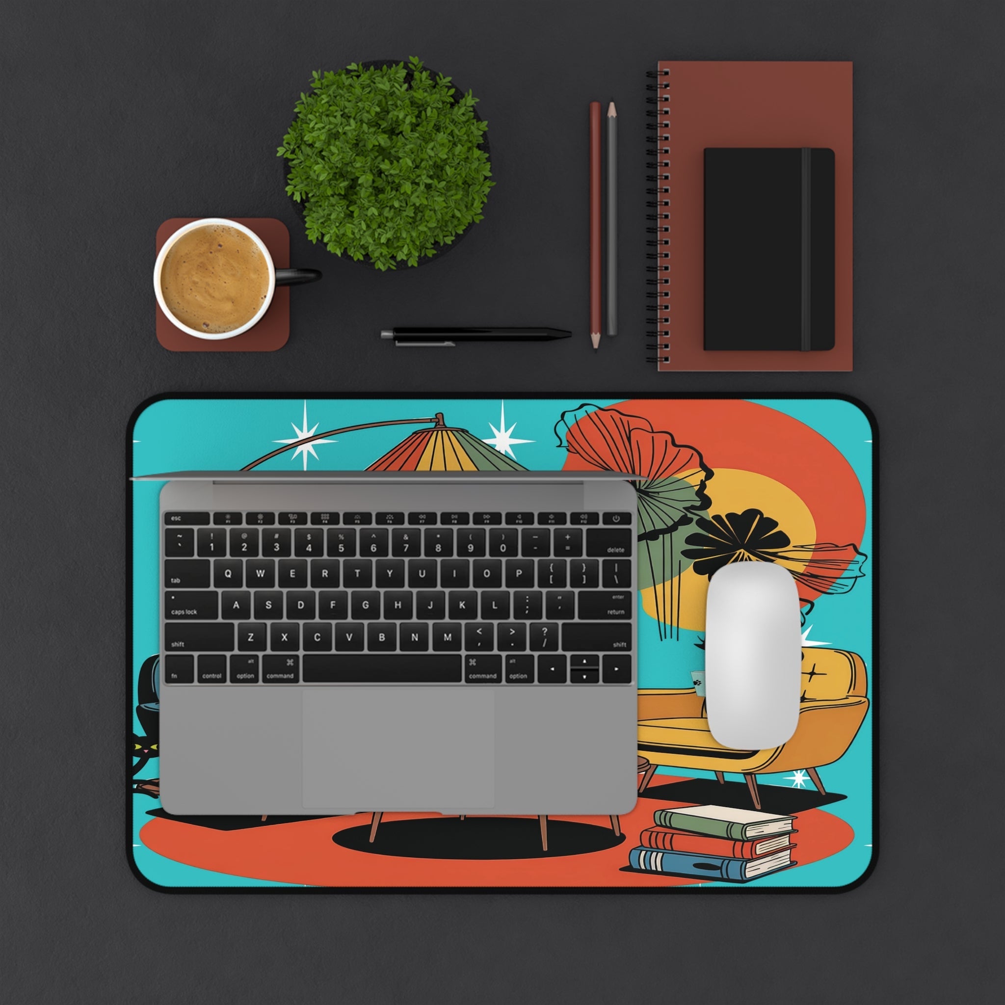 Kate McEnroe New York Retro Lounge Desk Pad, Mid Century Modern Office Mat, Atomic Cat Book Scene Workspace AccessoryDesk Mats23312152451708891178